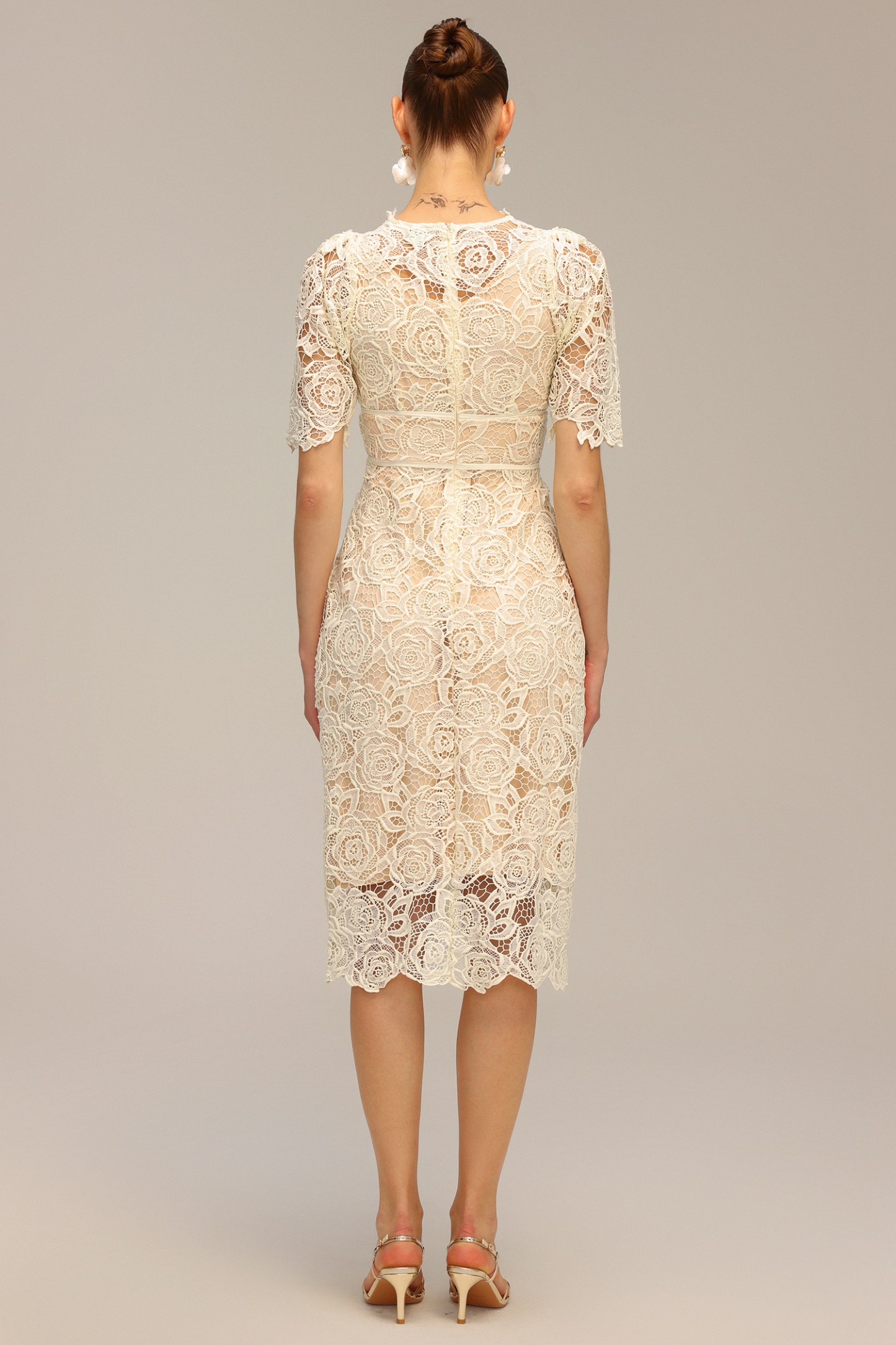 Madge Short Sleeve Lace Flowers Midi Dress
