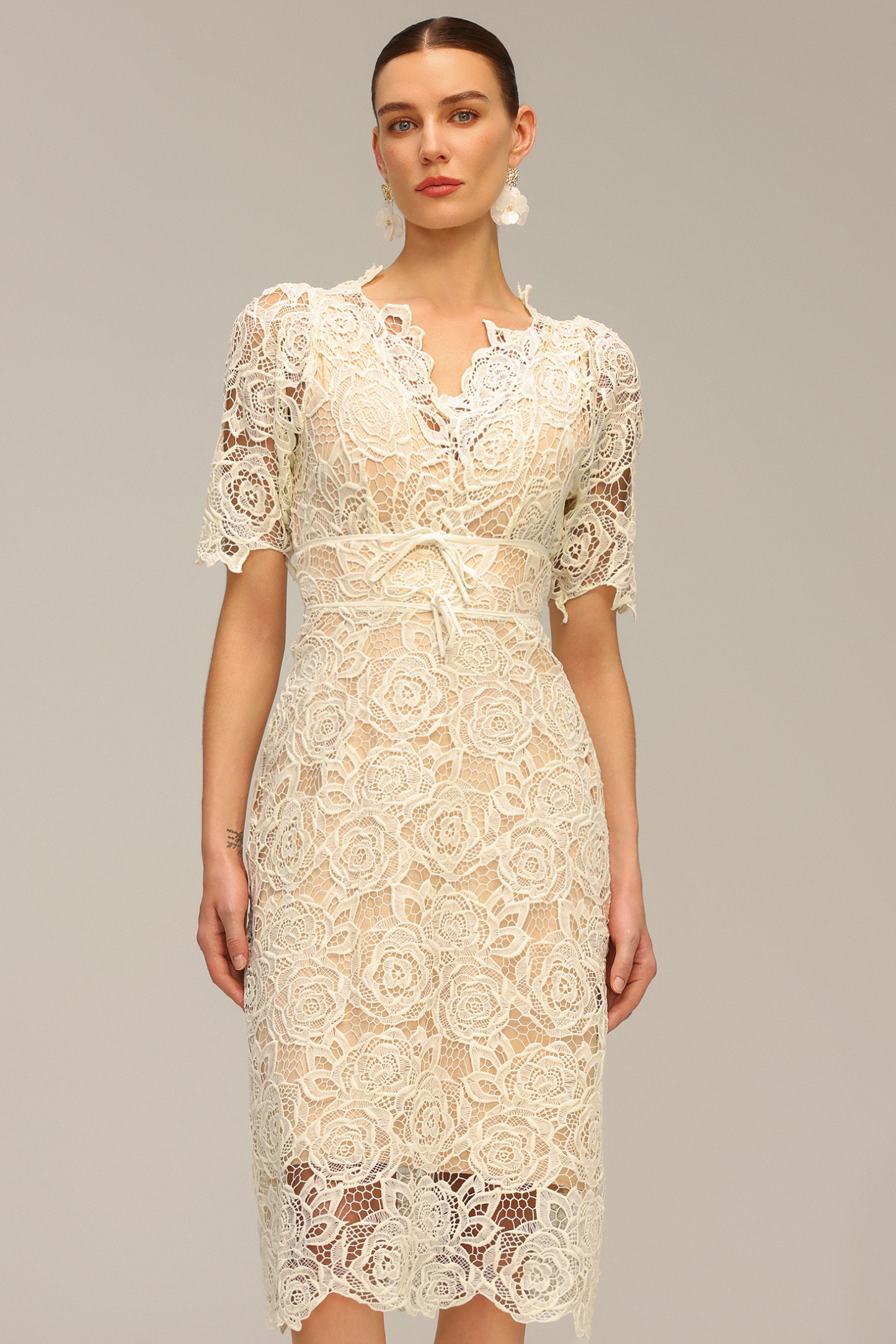 Madge Short Sleeve Lace Flowers Midi Dress