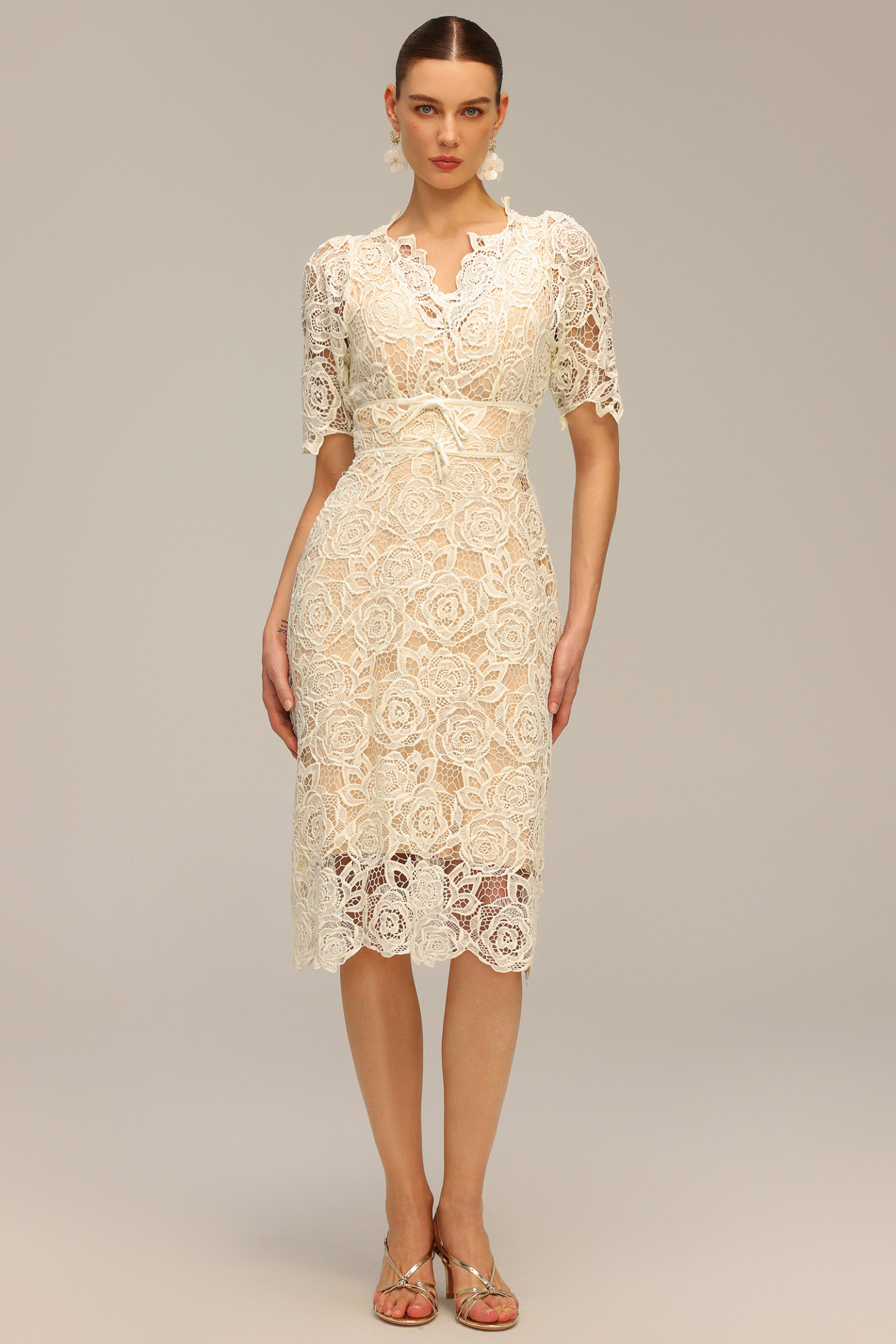 Madge Short Sleeve Lace Flowers Midi Dress