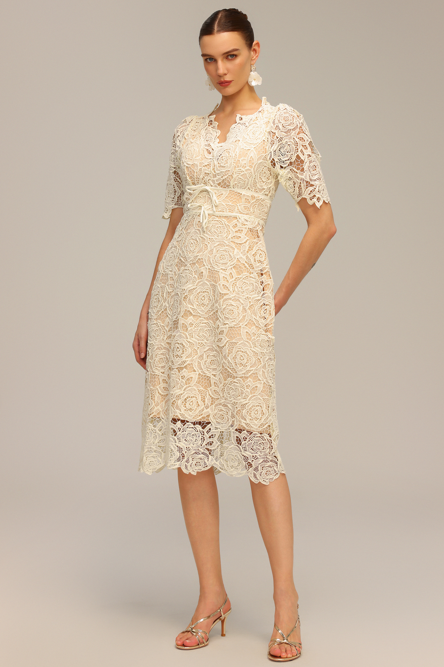 Madge Short Sleeve Lace Flowers Midi Dress