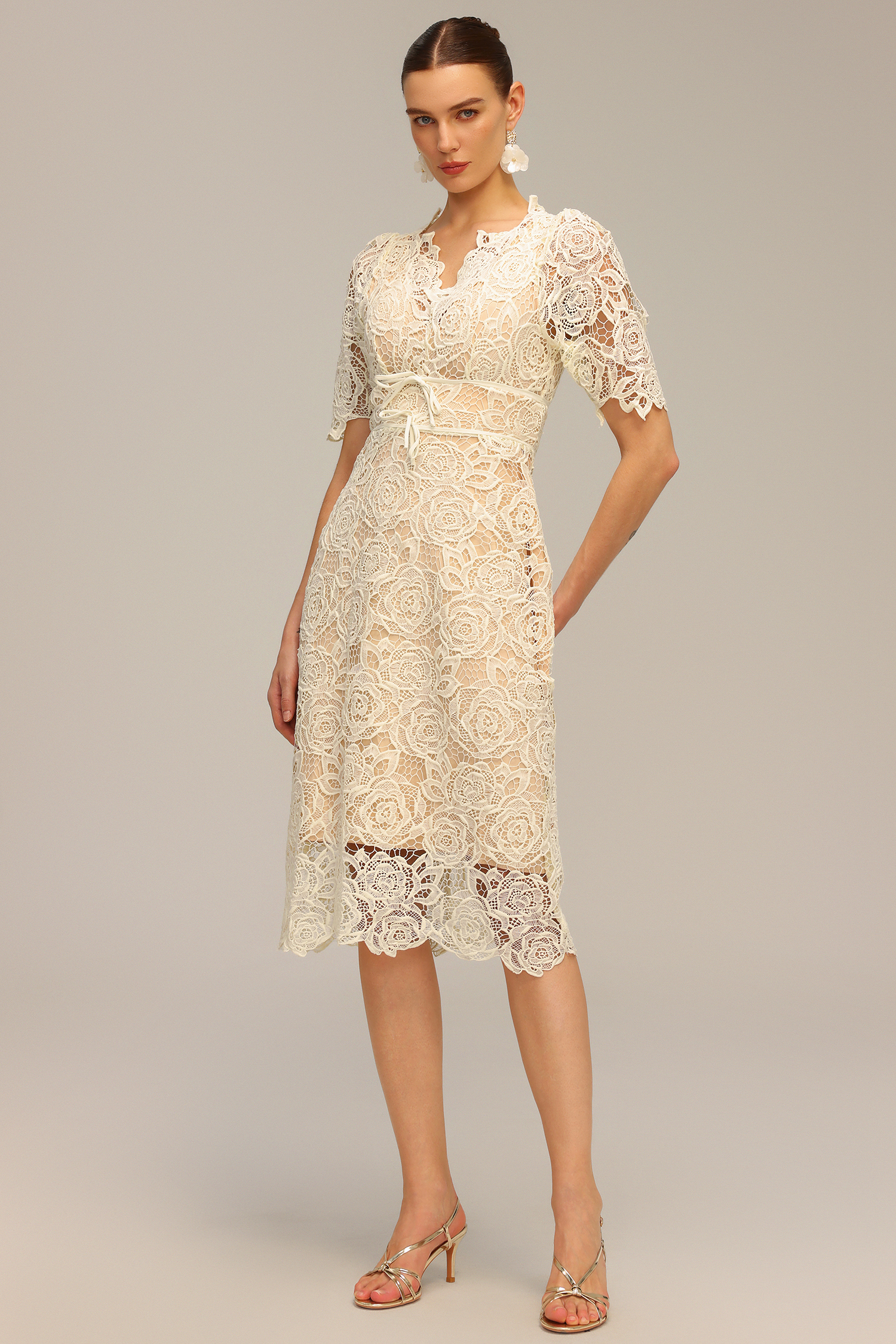 Madge Short Sleeve Lace Flowers Midi Dress