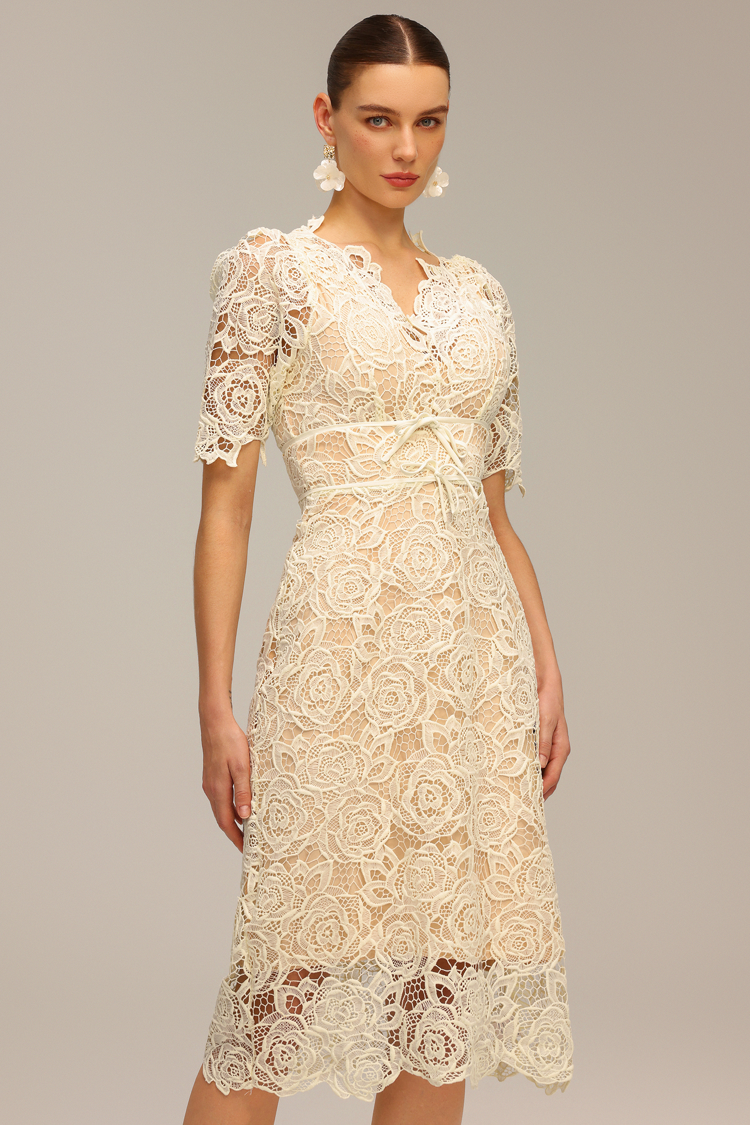 Madge Short Sleeve Lace Flowers Midi Dress