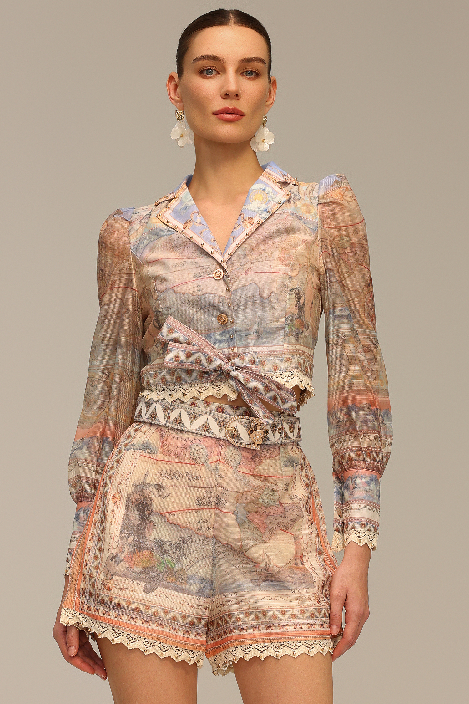 Gamora V-Neck Long Sleeve Printed Top And Shorts Two-Piece Set