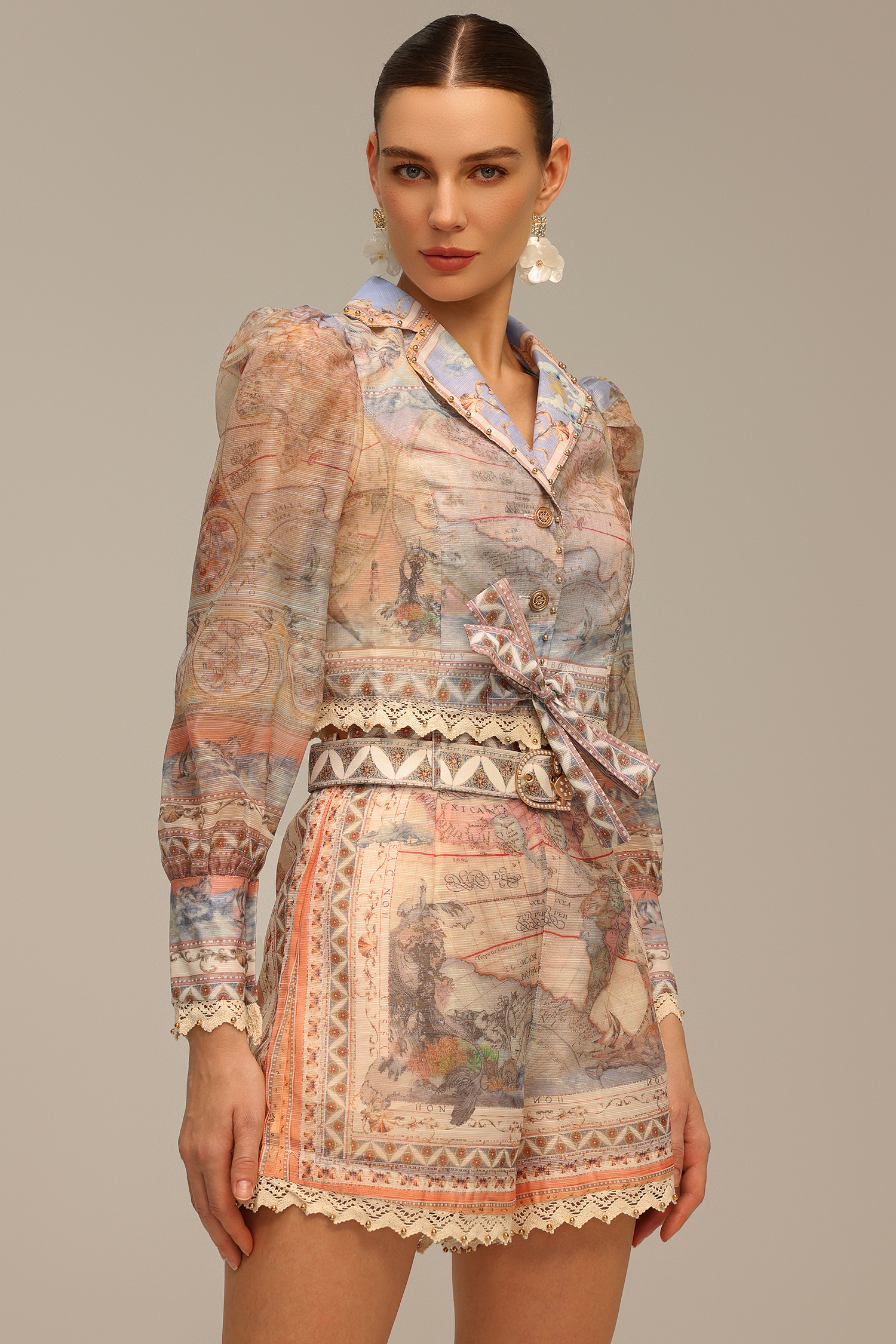 Gamora V-Neck Long Sleeve Printed Top And Shorts Two-Piece Set