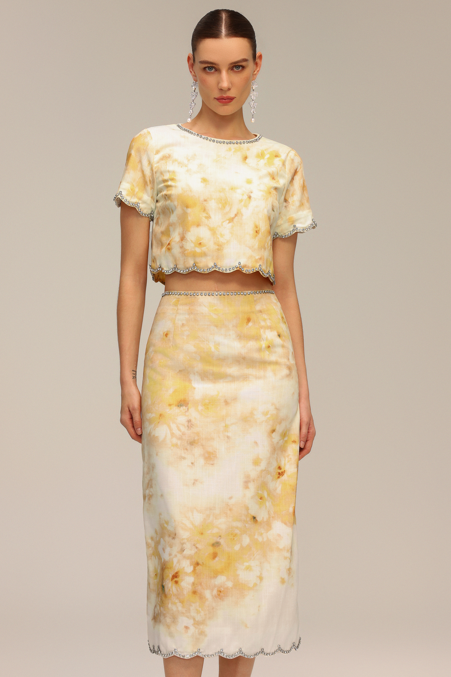 Ymire Diamond Floral Printed Short Sleeve Top And Skirt Two-Piece Set