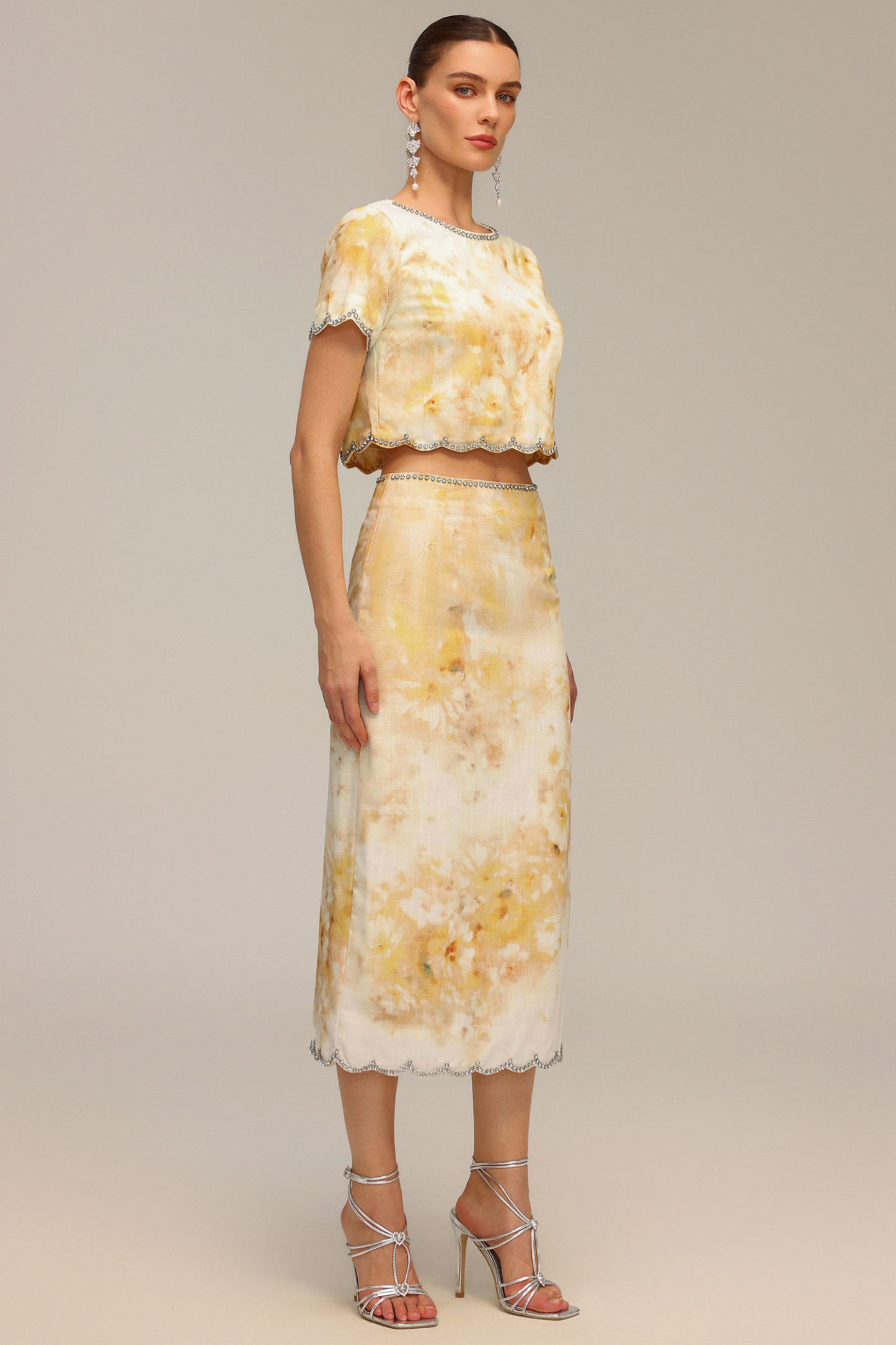 Ymire Diamond Floral Printed Short Sleeve Top And Skirt Two-Piece Set