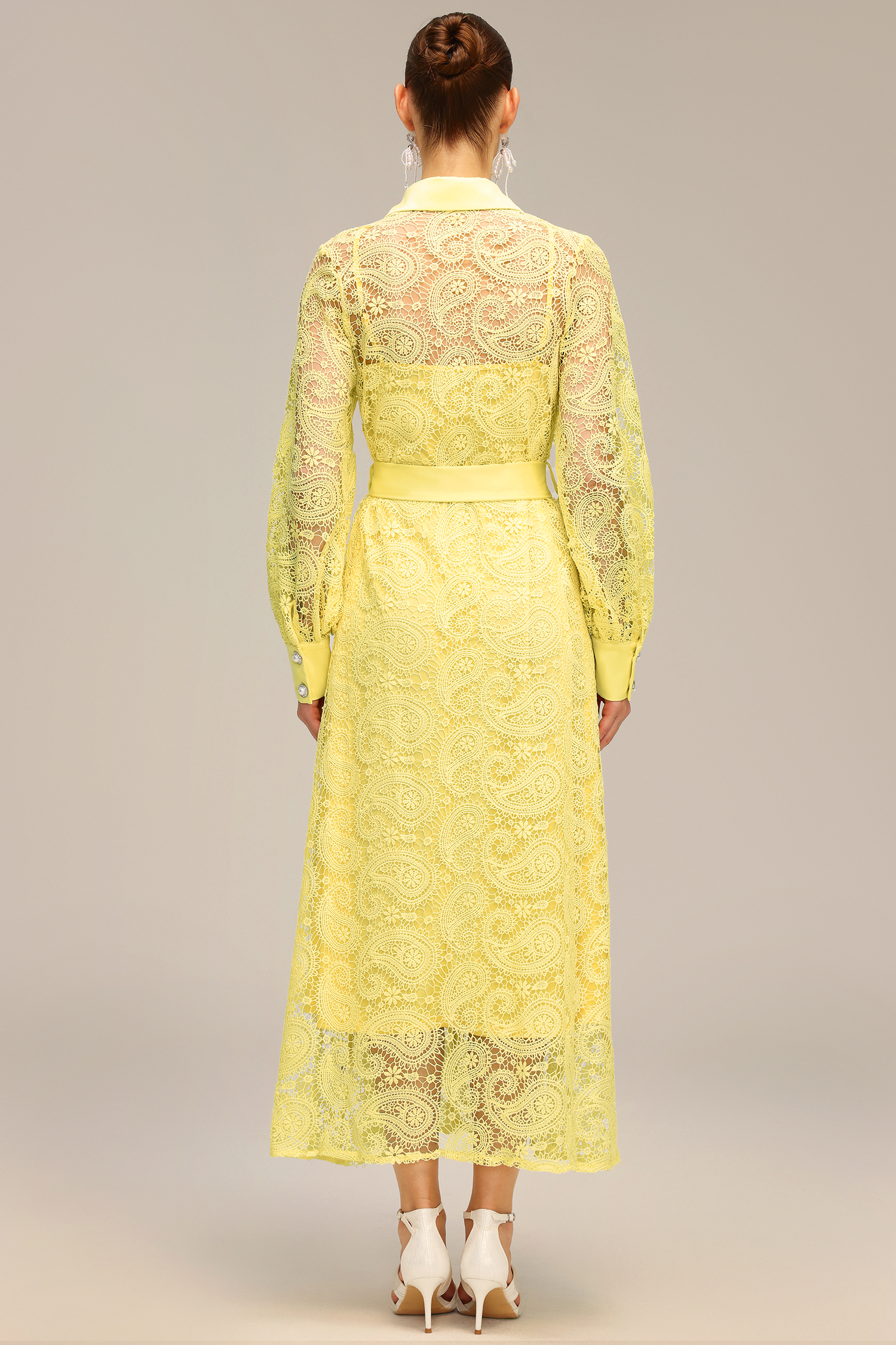 Liaci Lapel Long Sleeve Hollow Out Lace Maxi Dress