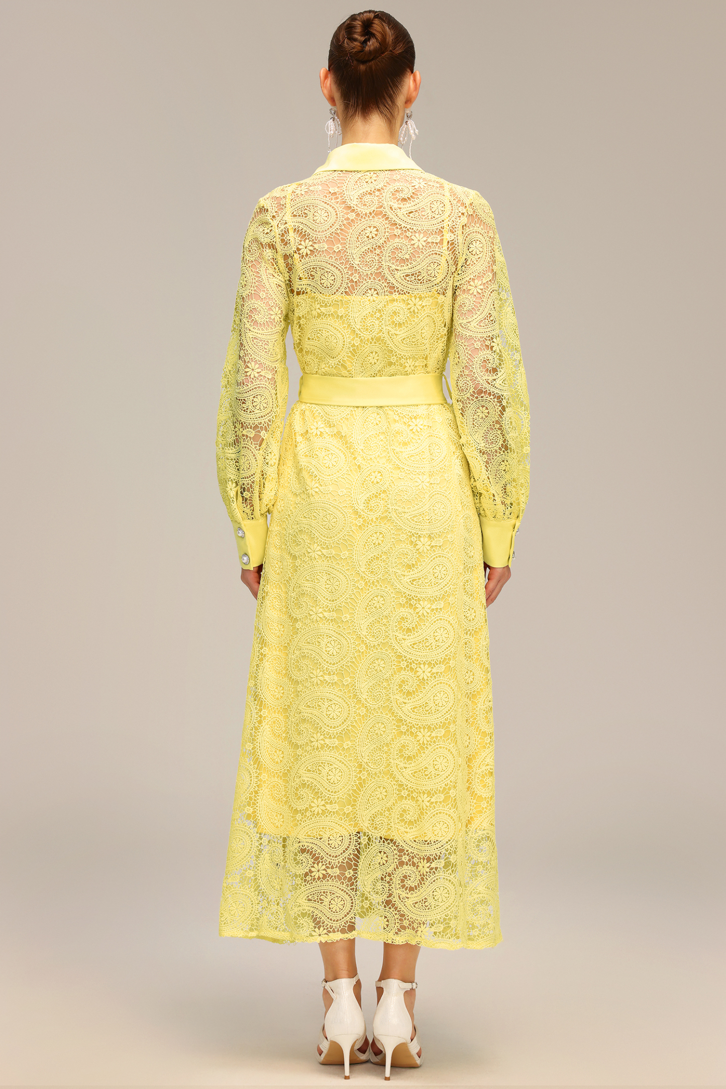 Liaci Lapel Long Sleeve Hollow Out Lace Maxi Dress