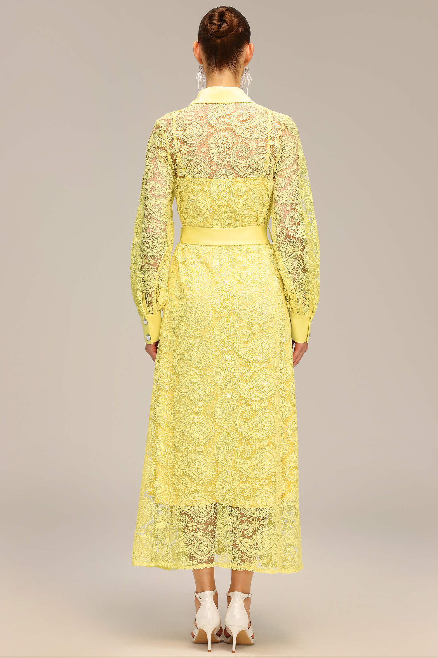 Liaci Lapel Long Sleeve Hollow Out Lace Maxi Dress