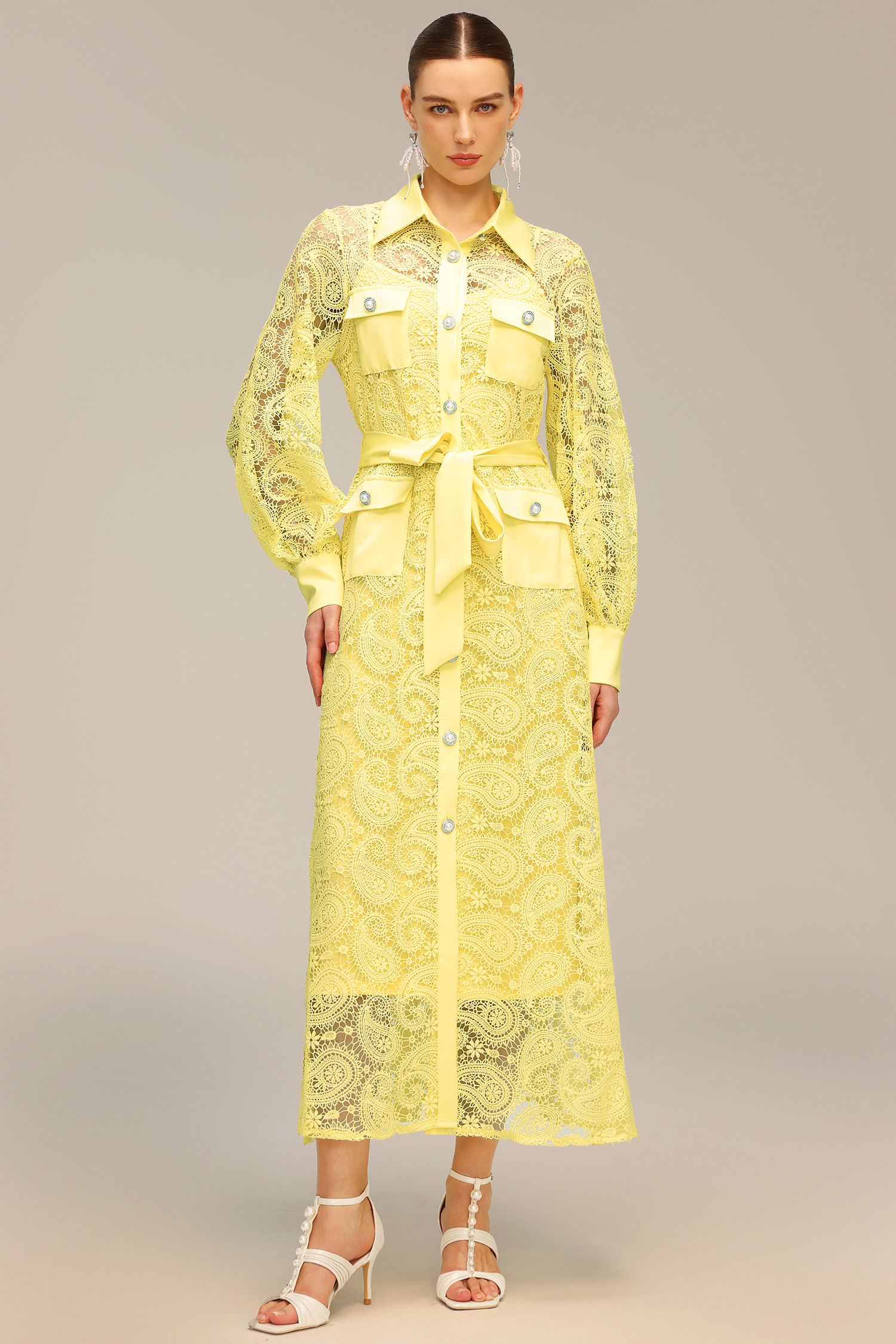 Liaci Lapel Long Sleeve Hollow Out Lace Maxi Dress