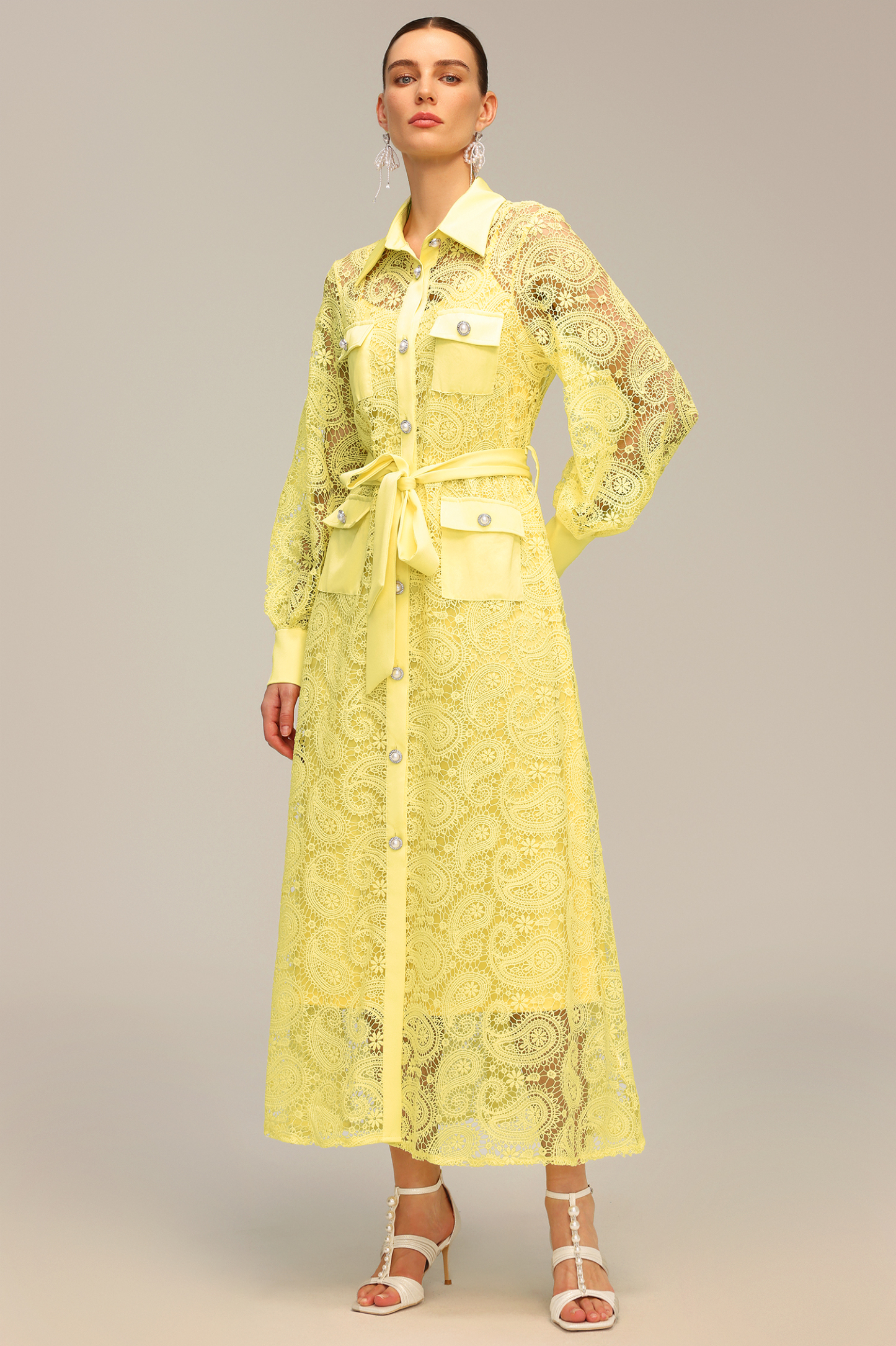 Liaci Lapel Long Sleeve Hollow Out Lace Maxi Dress