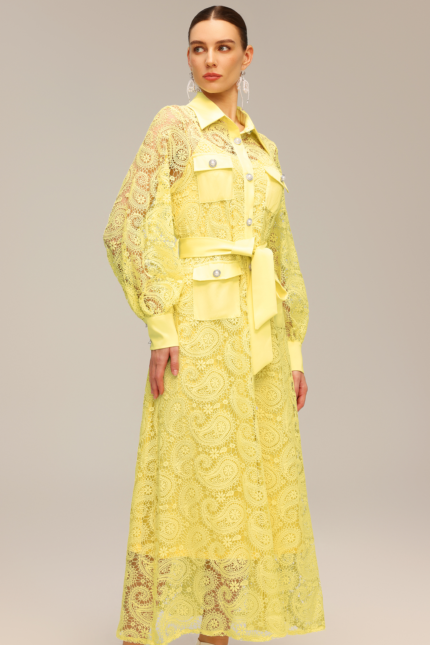 Liaci Lapel Long Sleeve Hollow Out Lace Maxi Dress