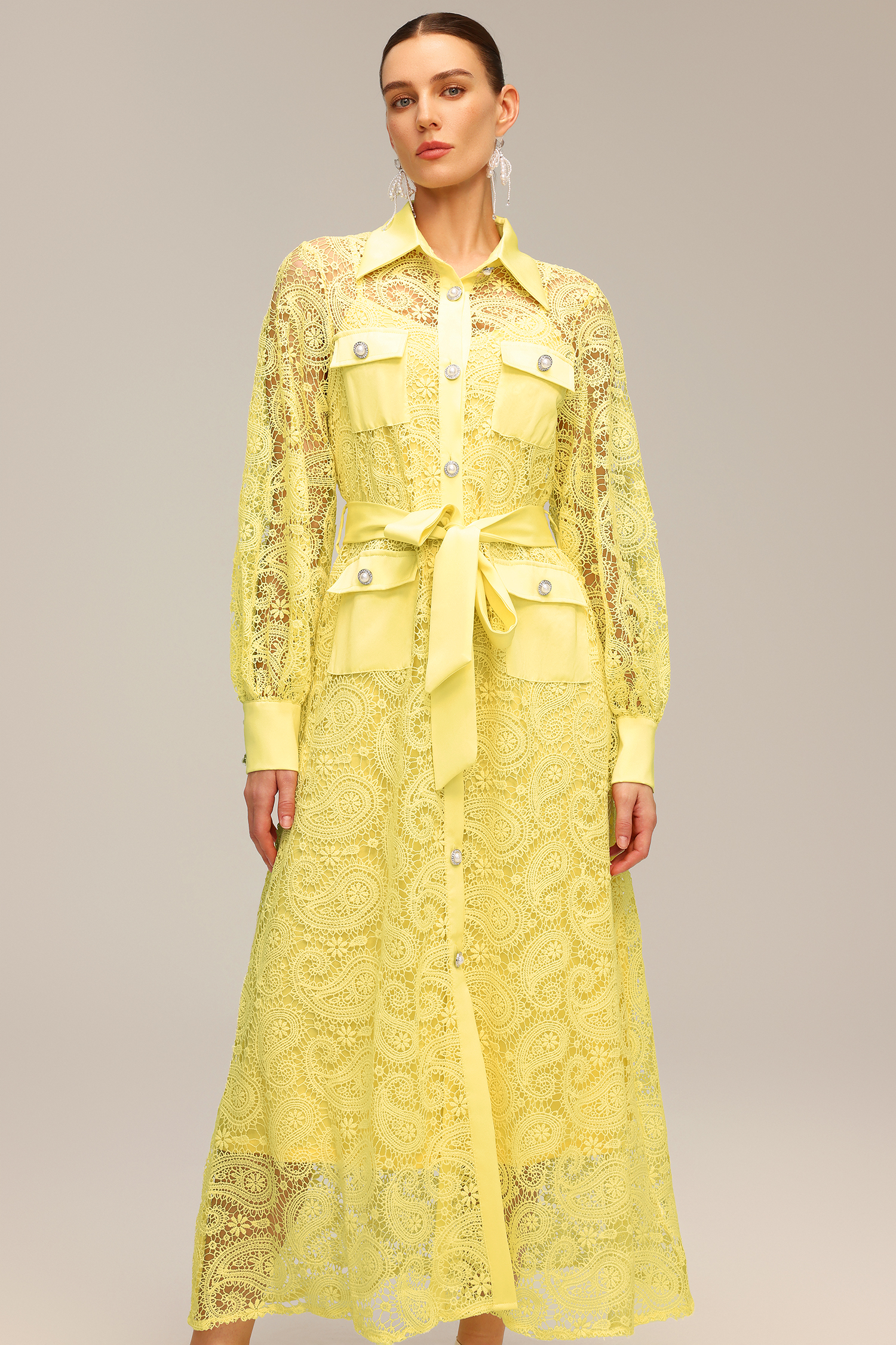 Liaci Lapel Long Sleeve Hollow Out Lace Maxi Dress