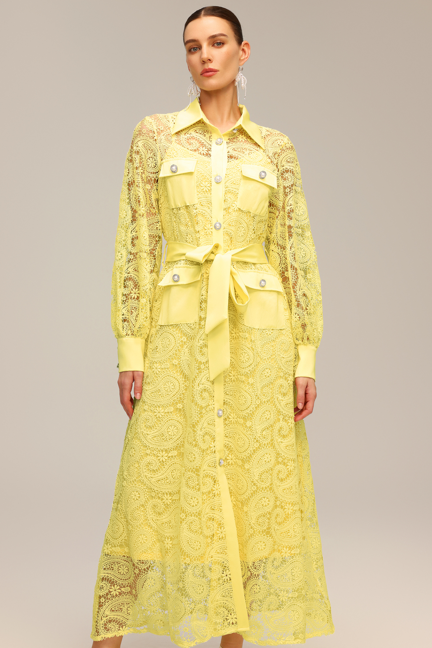 Liaci Lapel Long Sleeve Hollow Out Lace Maxi Dress