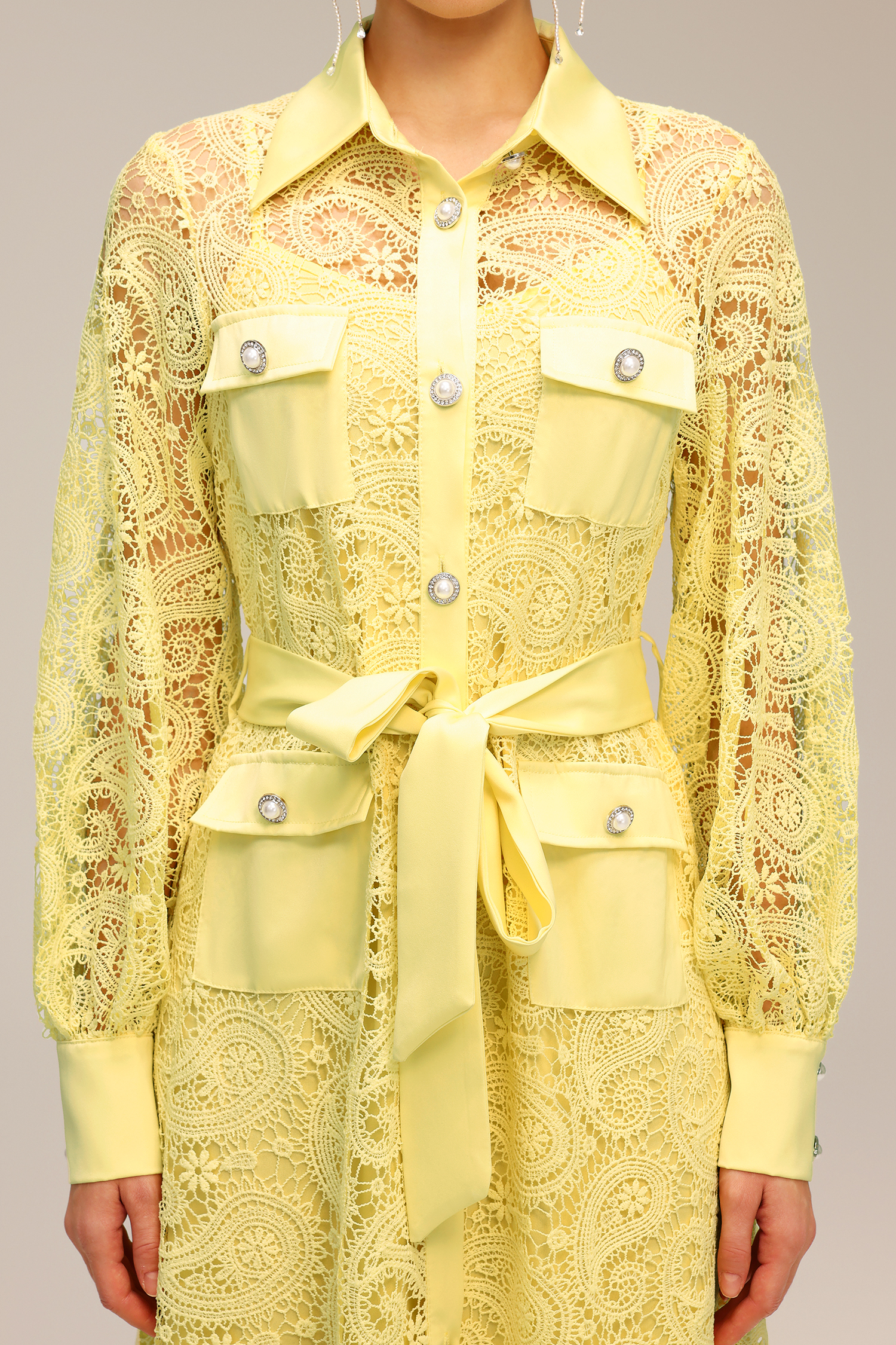 Liaci Lapel Long Sleeve Hollow Out Lace Maxi Dress