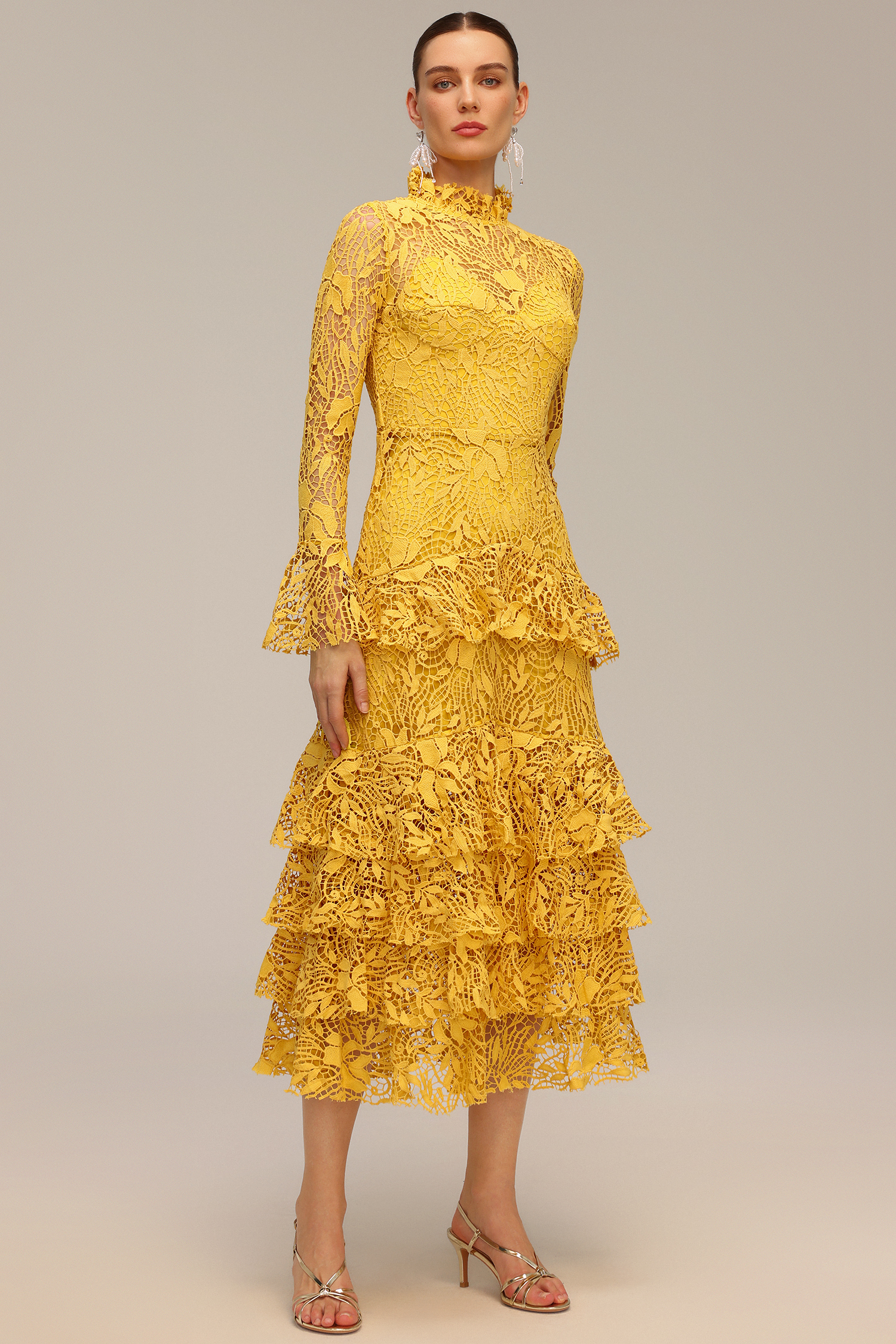 Miranda Long Sleeve Folds Lace Hollow Out Maxi Dress