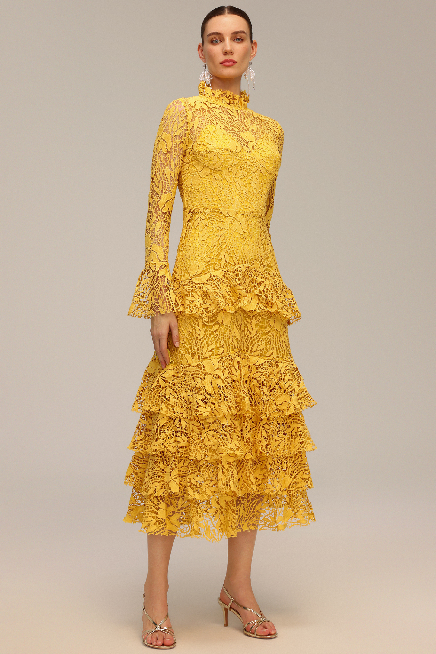 Miranda Long Sleeve Folds Lace Hollow Out Maxi Dress