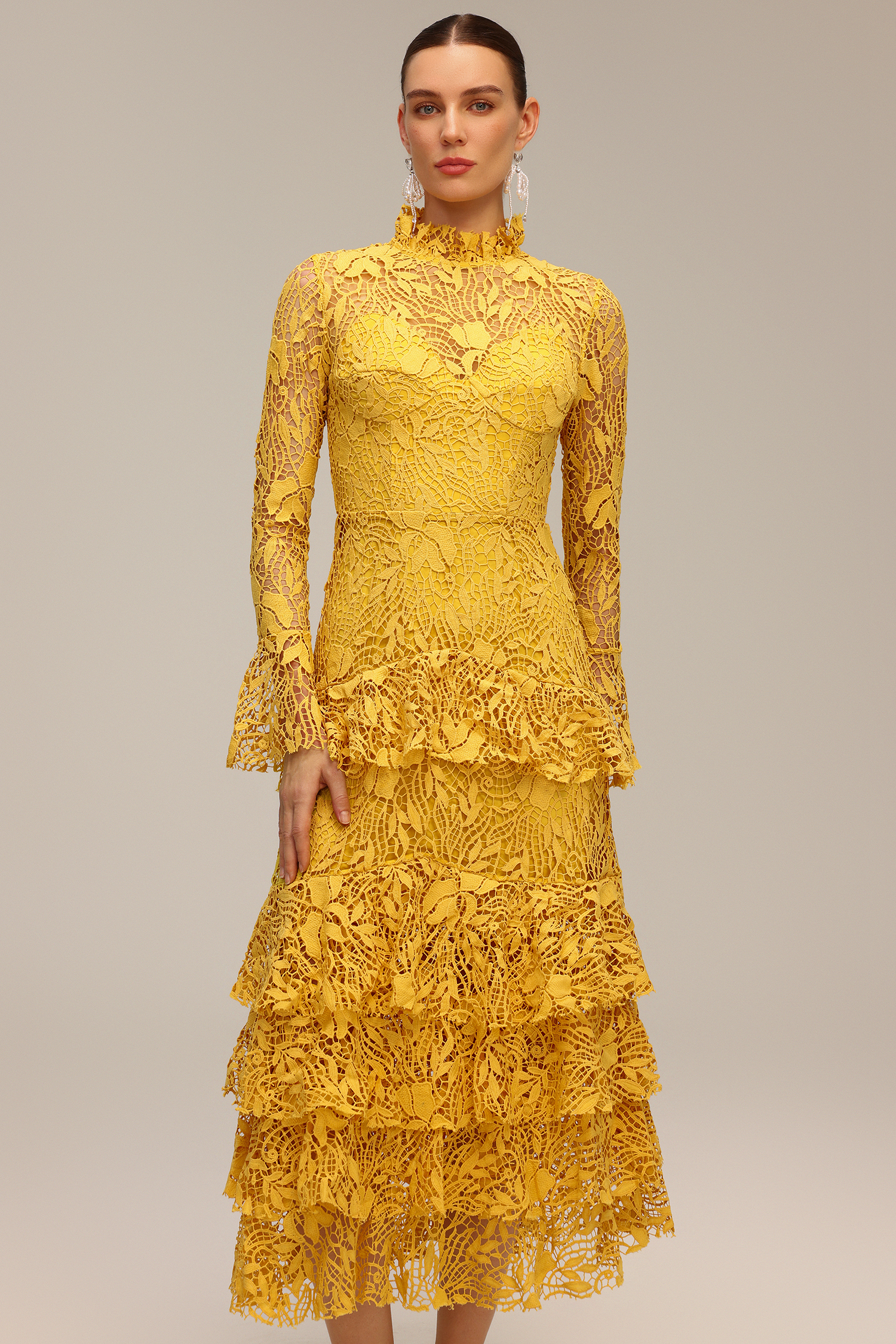 Miranda Long Sleeve Folds Lace Hollow Out Maxi Dress