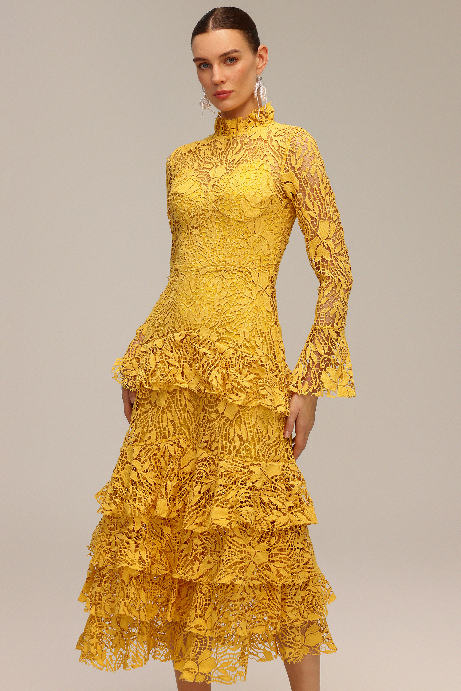 Miranda Long Sleeve Folds Lace Hollow Out Maxi Dress