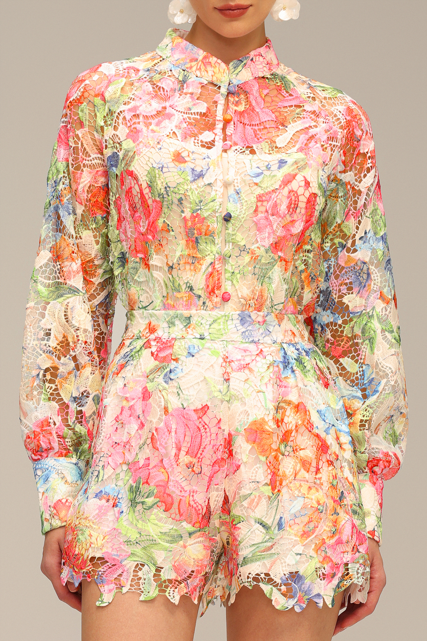Penpe Long Sleeve Floral Printed Lace Top And Shorts Two-Piece Set