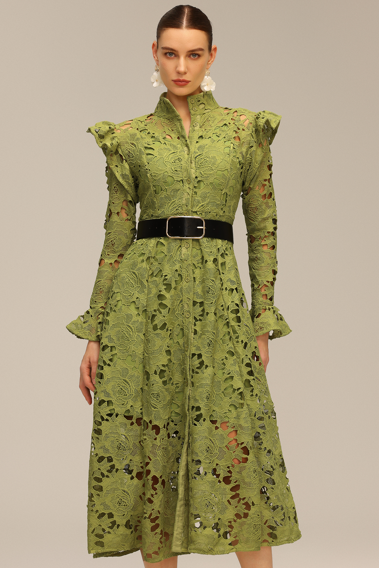 Jenn Hollow Out Long Sleeve Lace Midi Dress