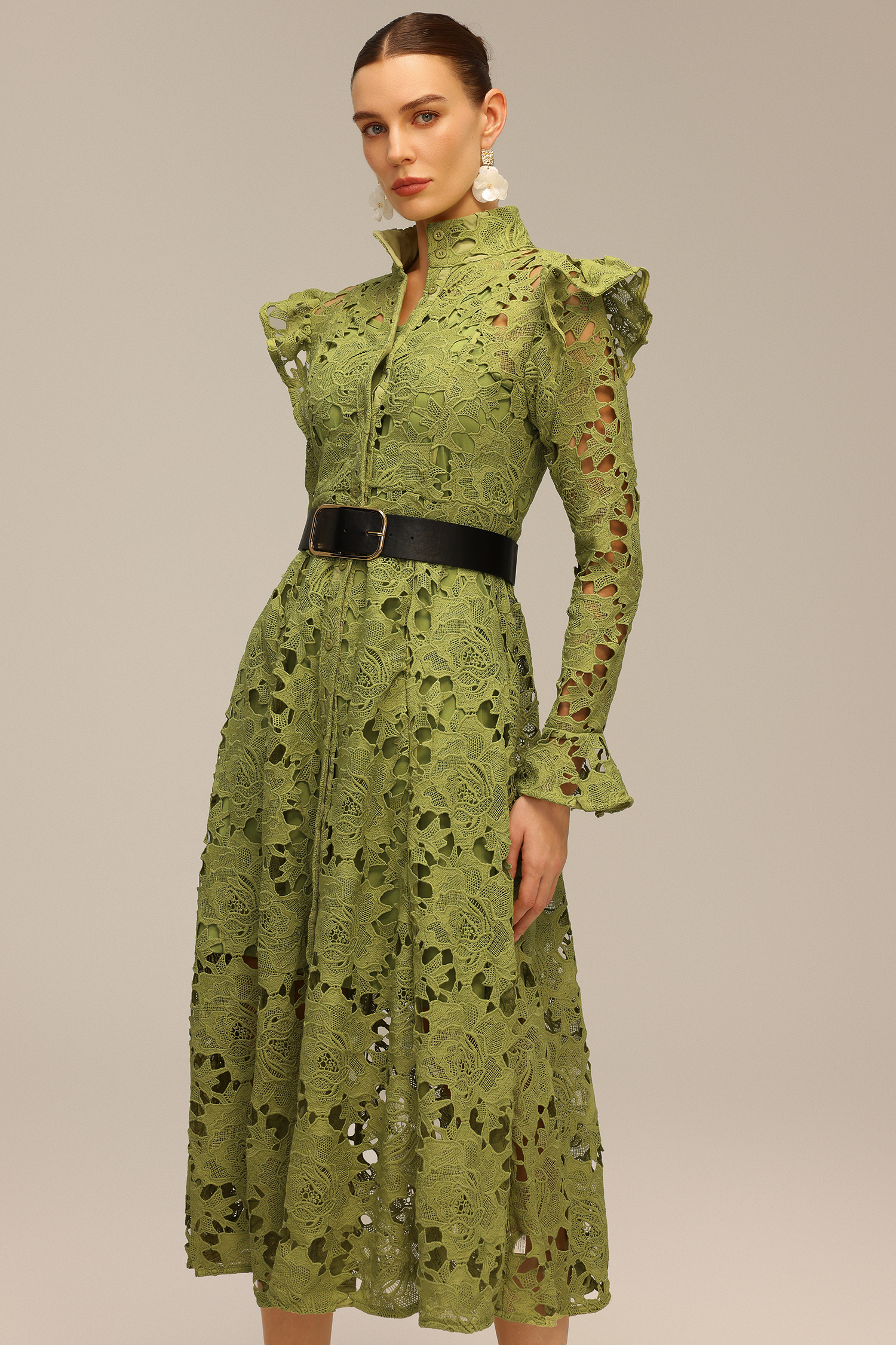 Jenn Hollow Out Long Sleeve Lace Midi Dress