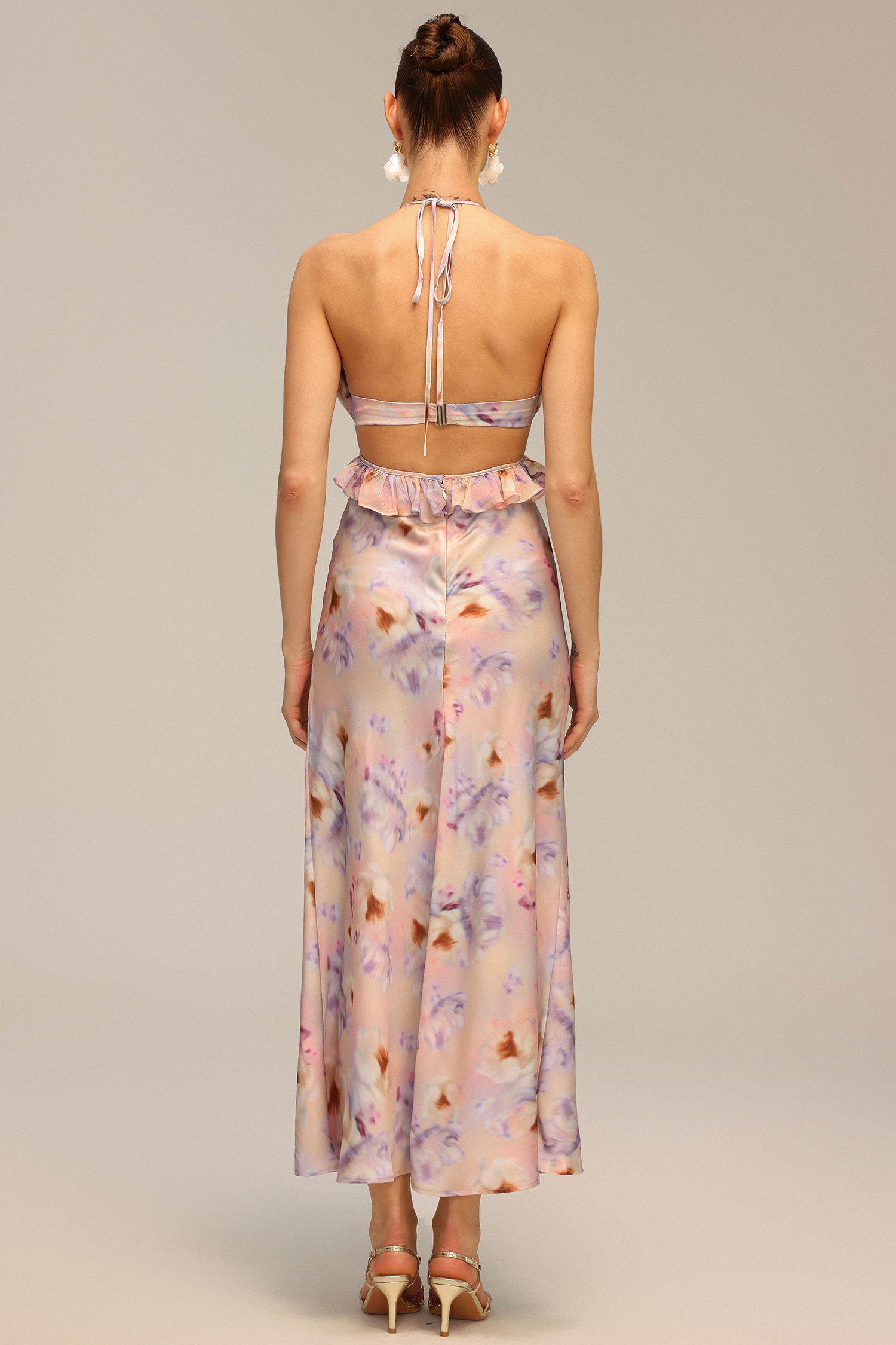 Deliyn Halter V-Neck Flounce Floral Printed Hollow Out Maxi Dress