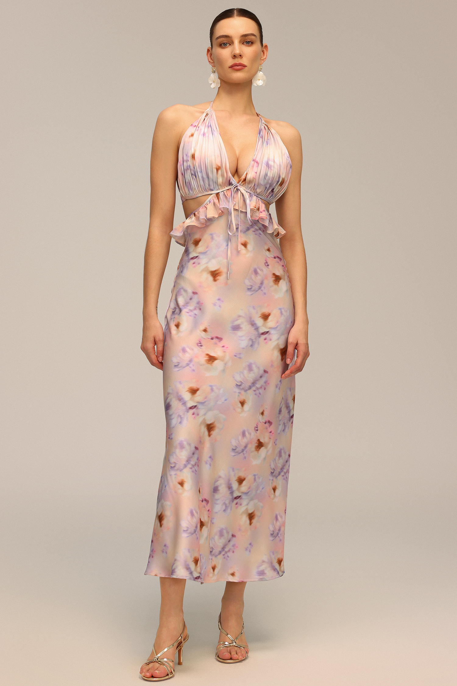 Deliyn Halter V-Neck Flounce Floral Printed Hollow Out Maxi Dress