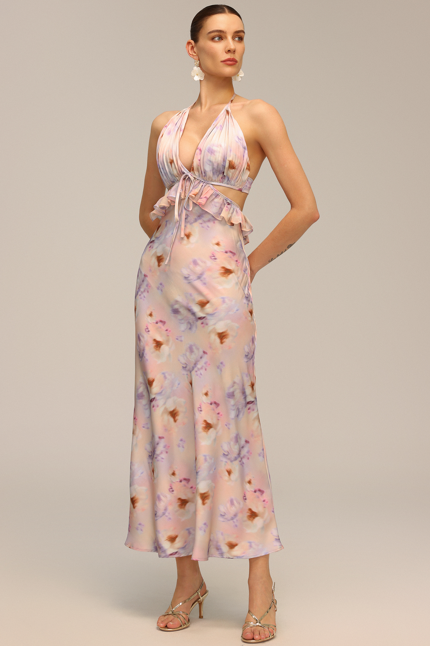 Deliyn Halter V-Neck Flounce Floral Printed Hollow Out Maxi Dress