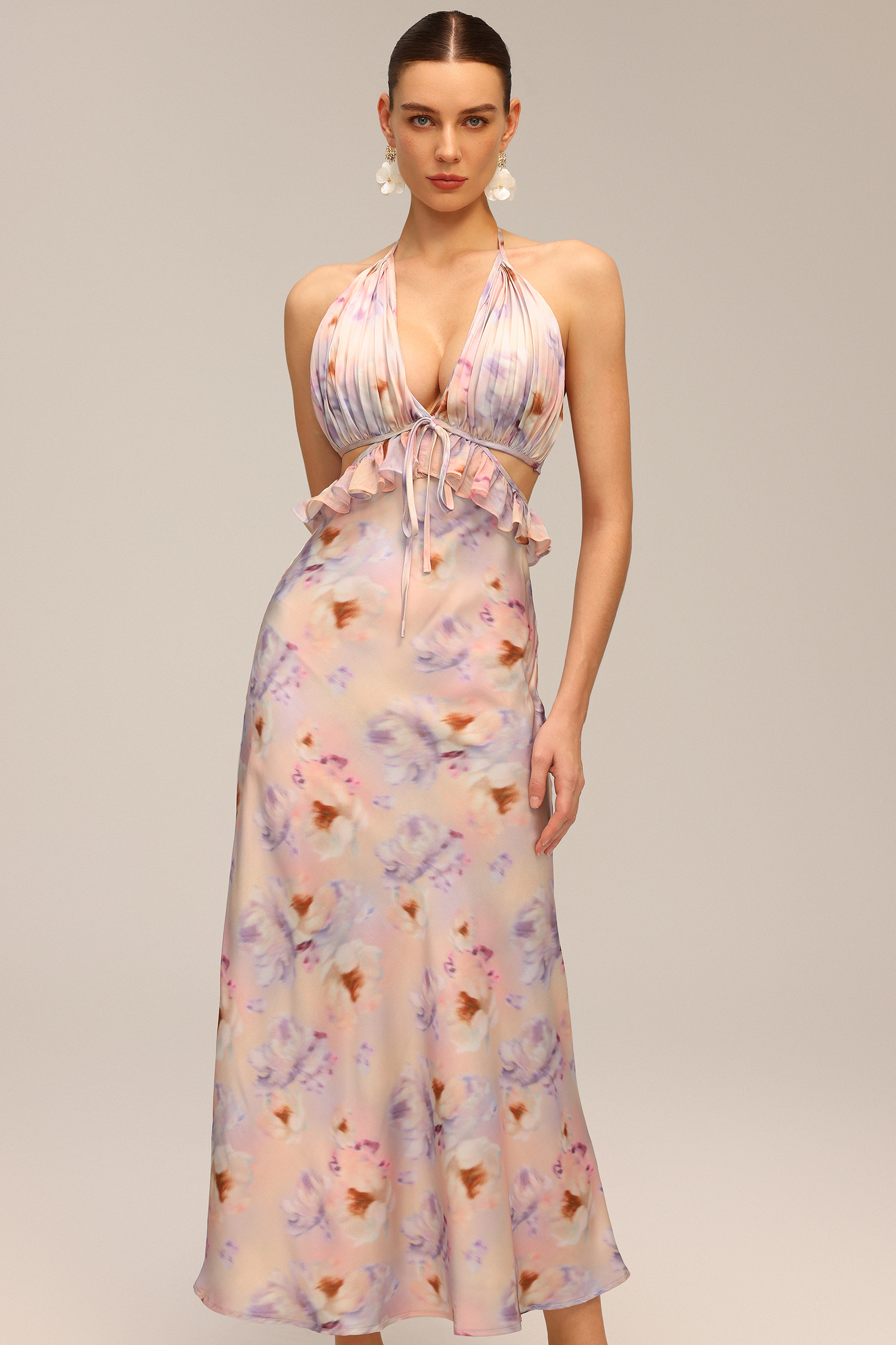 Deliyn Halter V-Neck Flounce Floral Printed Hollow Out Maxi Dress