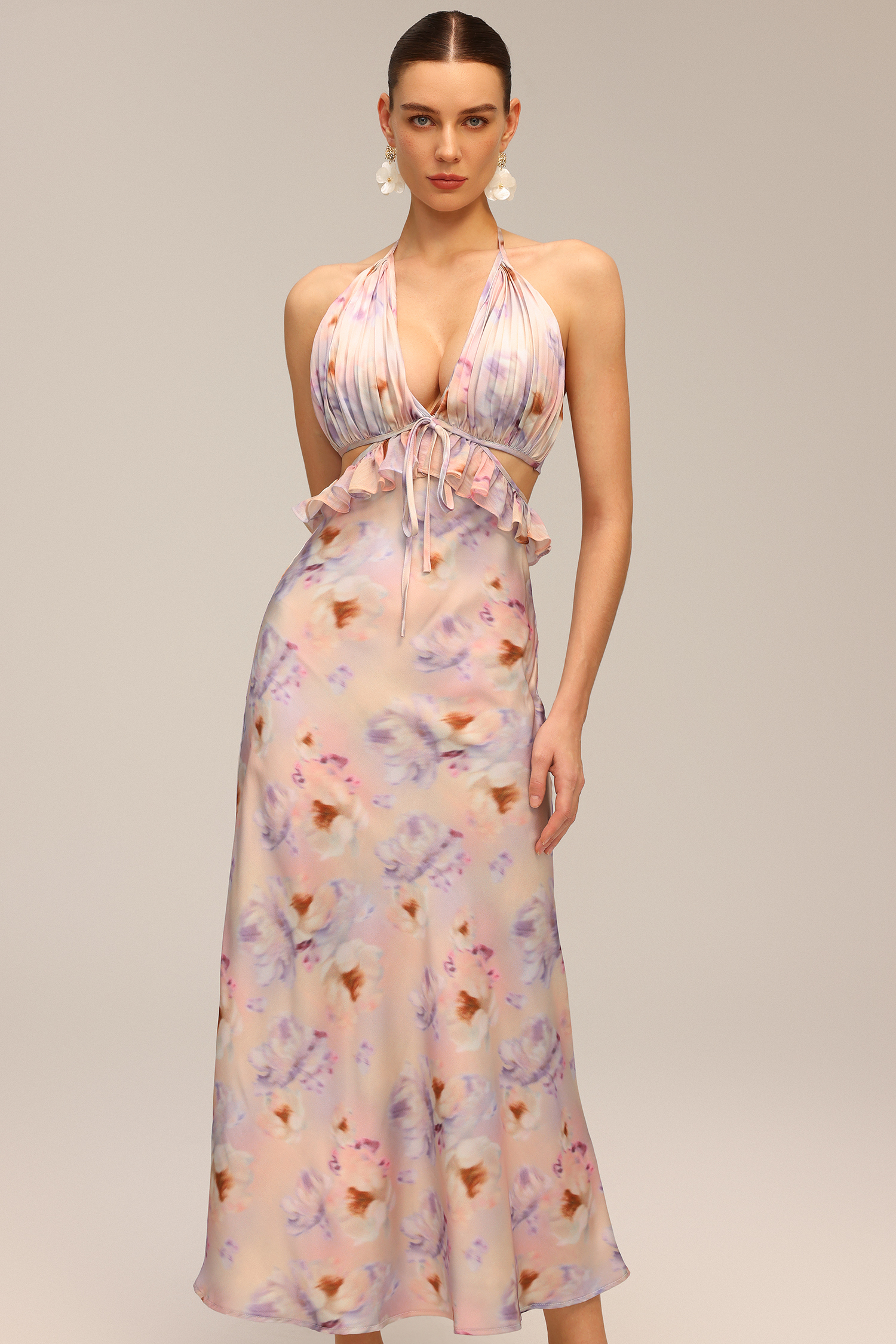 Deliyn Halter V-Neck Flounce Floral Printed Hollow Out Maxi Dress