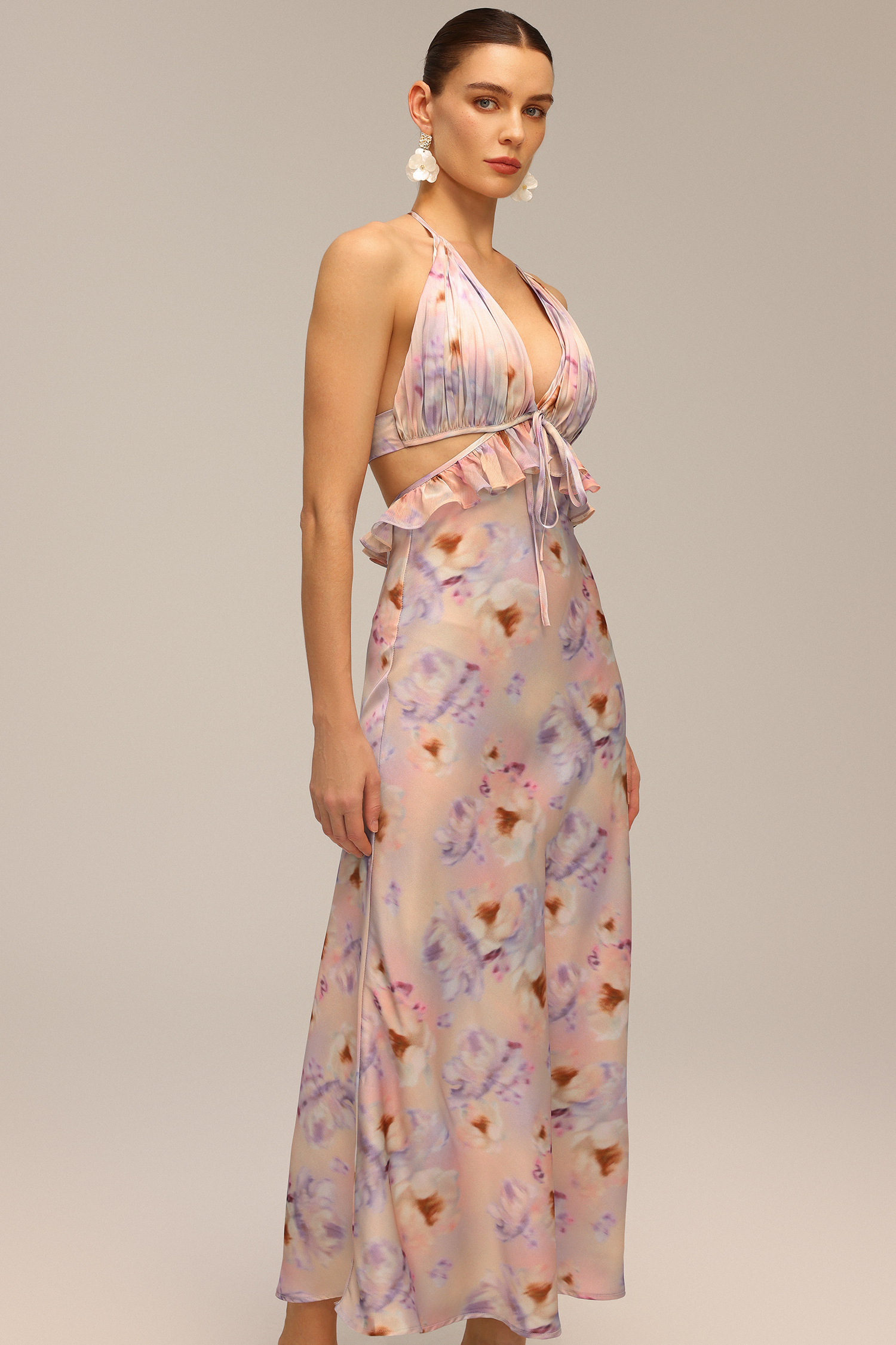 Deliyn Halter V-Neck Flounce Floral Printed Hollow Out Maxi Dress