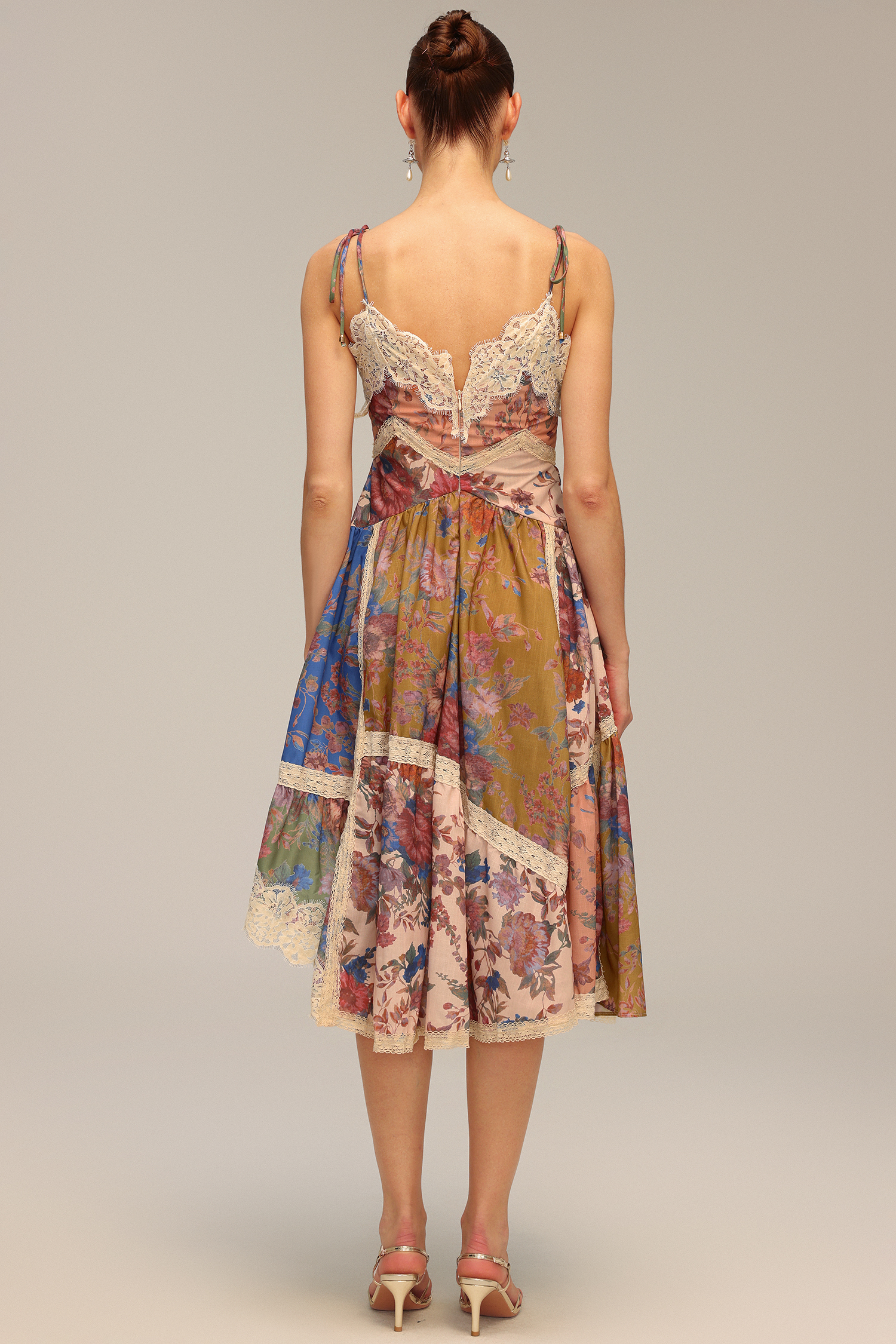 Lacai Halter Lace Floral Printed Asymmetric Midi Dress