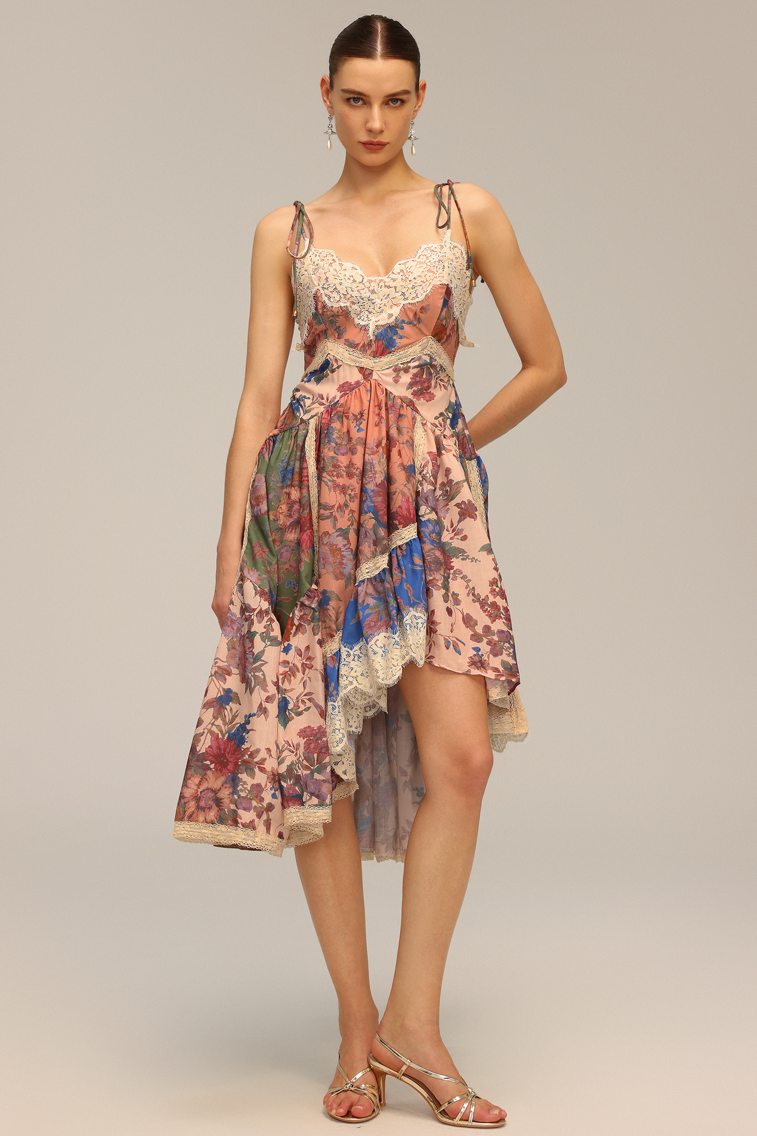 Lacai Halter Lace Floral Printed Asymmetric Midi Dress