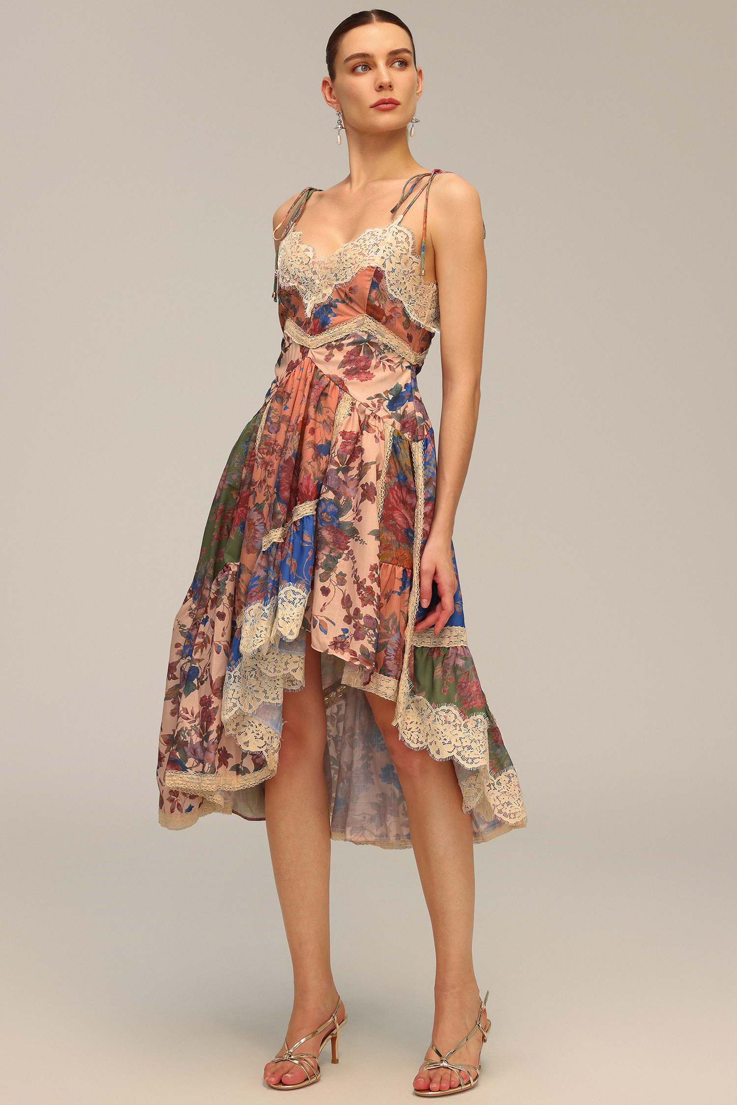 Lacai Halter Lace Floral Printed Asymmetric Midi Dress