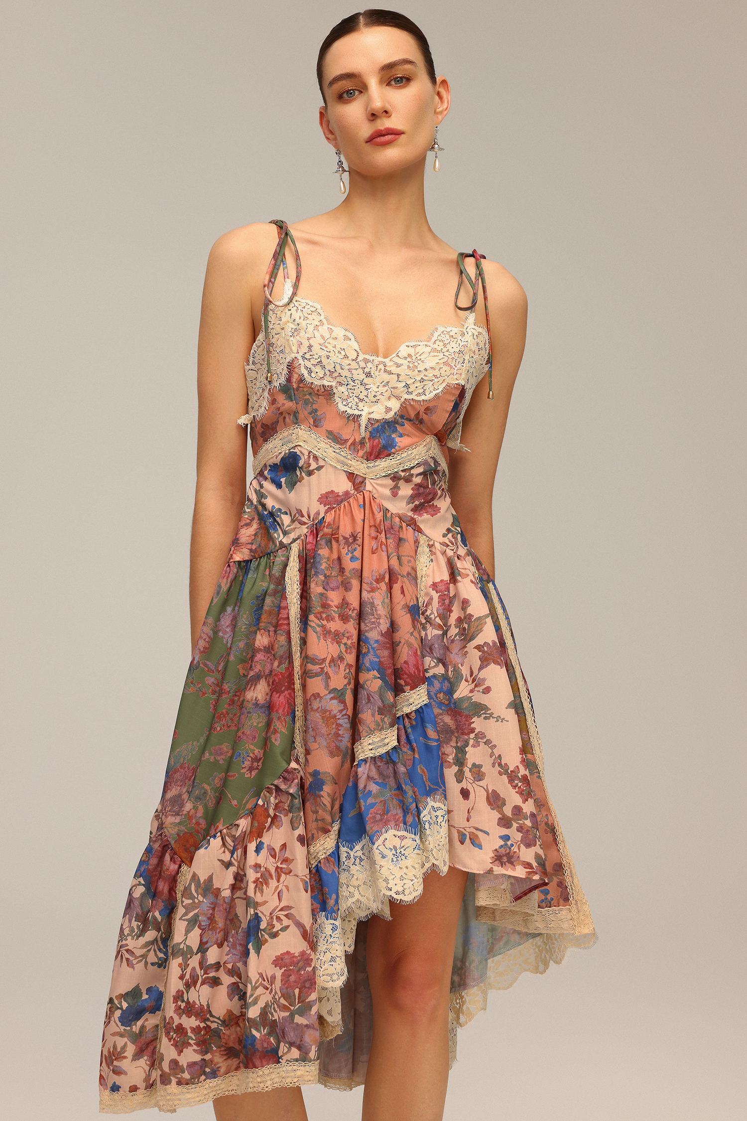 Lacai Halter Lace Floral Printed Asymmetric Midi Dress