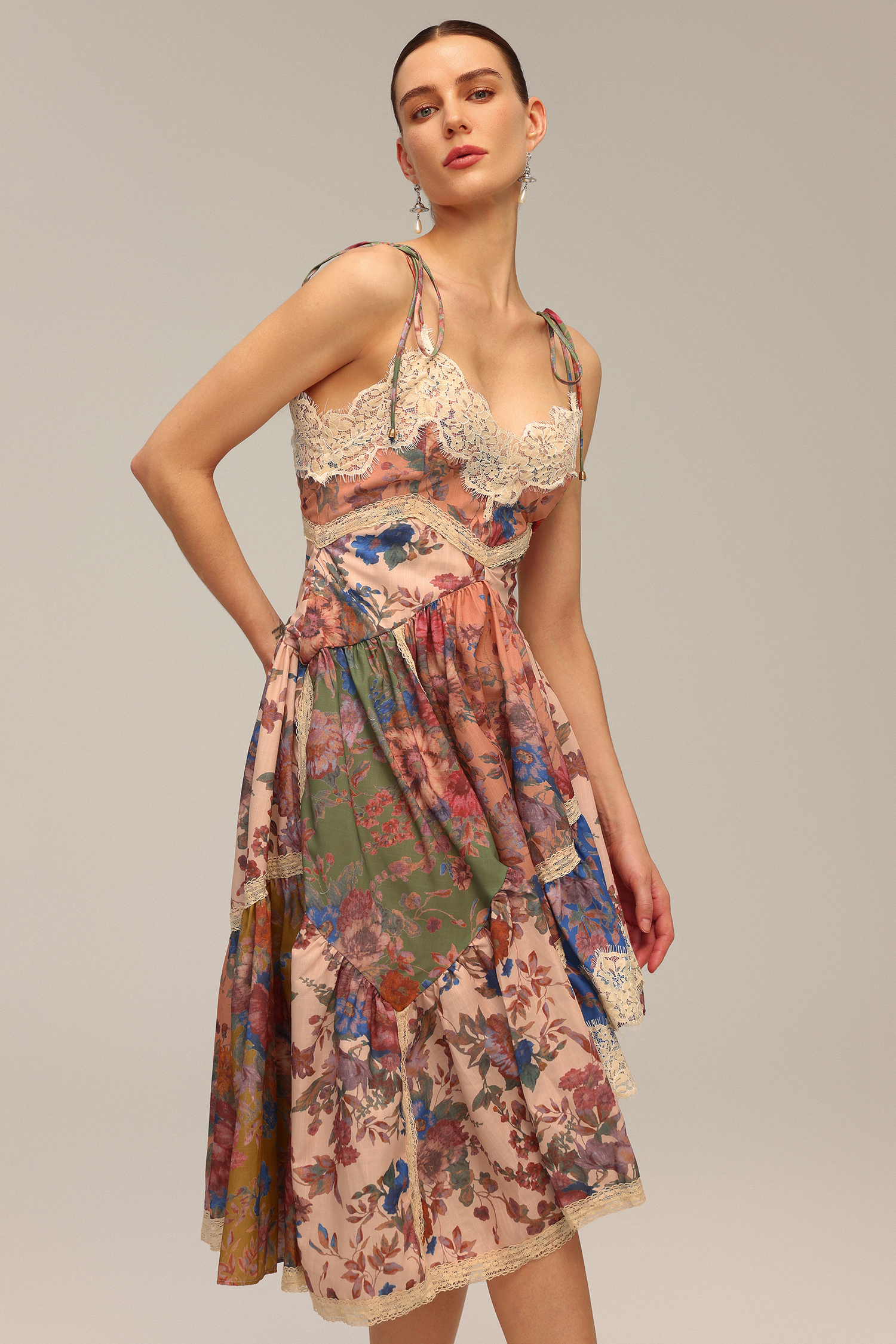 Lacai Halter Lace Floral Printed Asymmetric Midi Dress