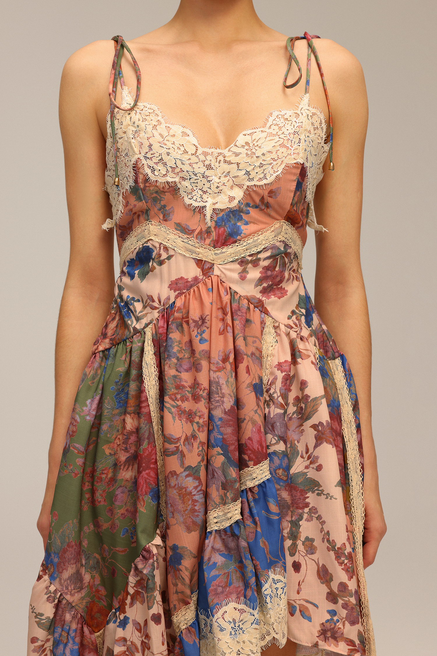 Lacai Halter Lace Floral Printed Asymmetric Midi Dress