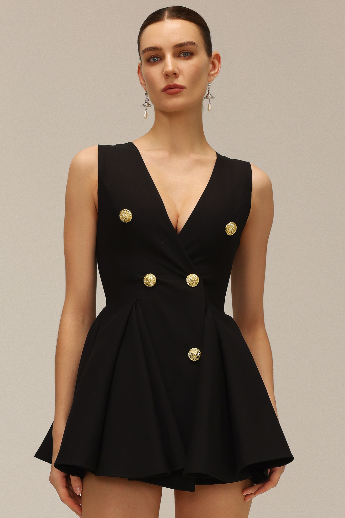 Saoirse Sleeveless V-Neck Gold Button Mini Dress