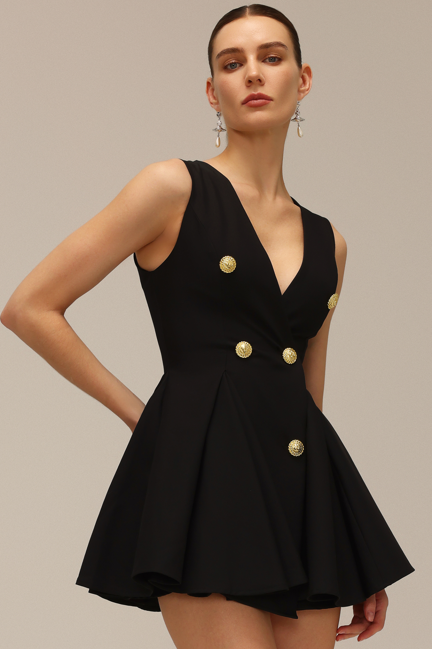 Saoirse Sleeveless V-Neck Gold Button Mini Dress