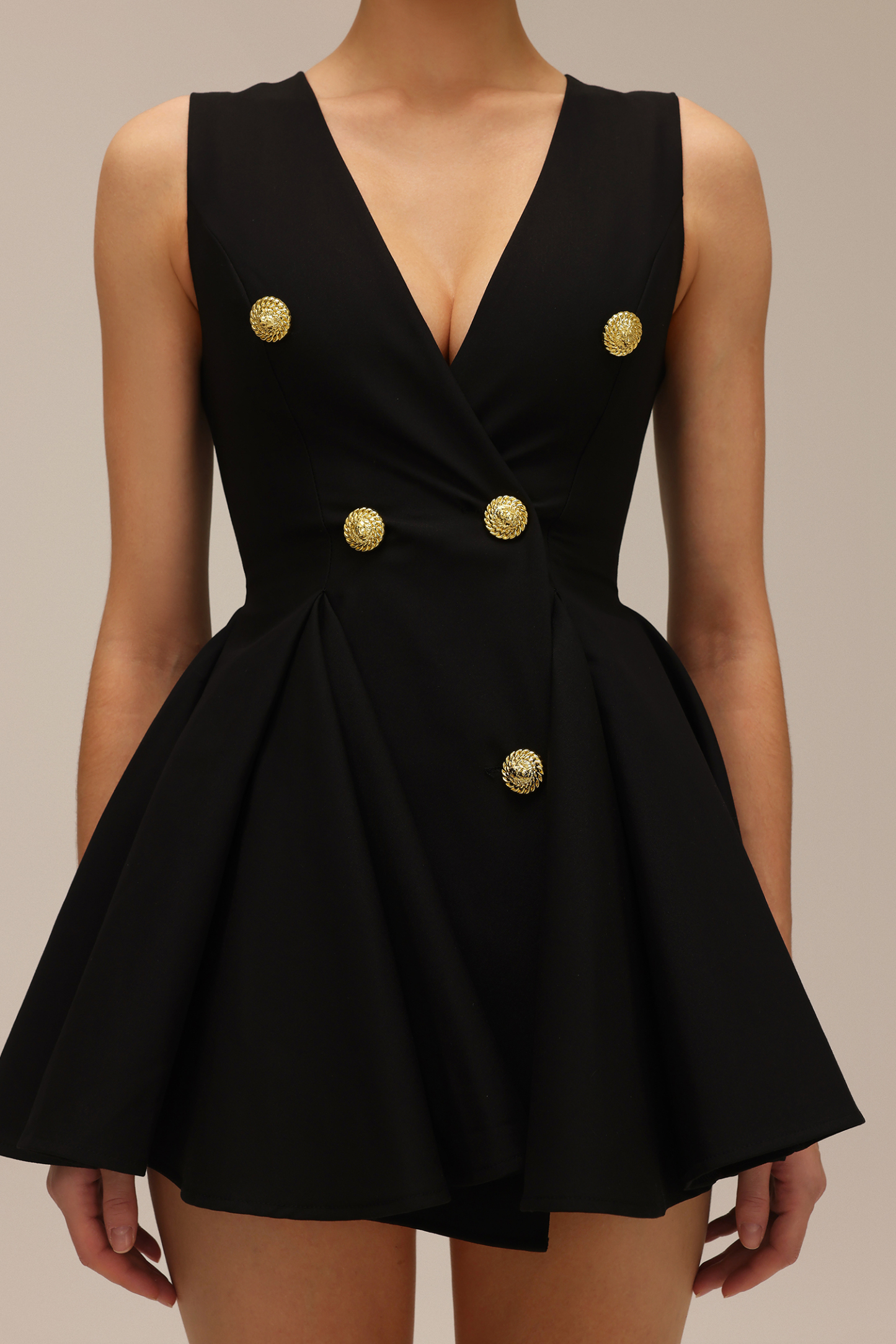 Saoirse Sleeveless V-Neck Gold Button Mini Dress