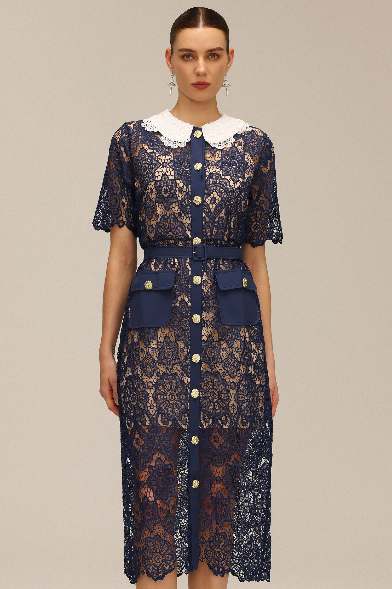 Yuria Lace Hollow Out Gold Button Midi Dress