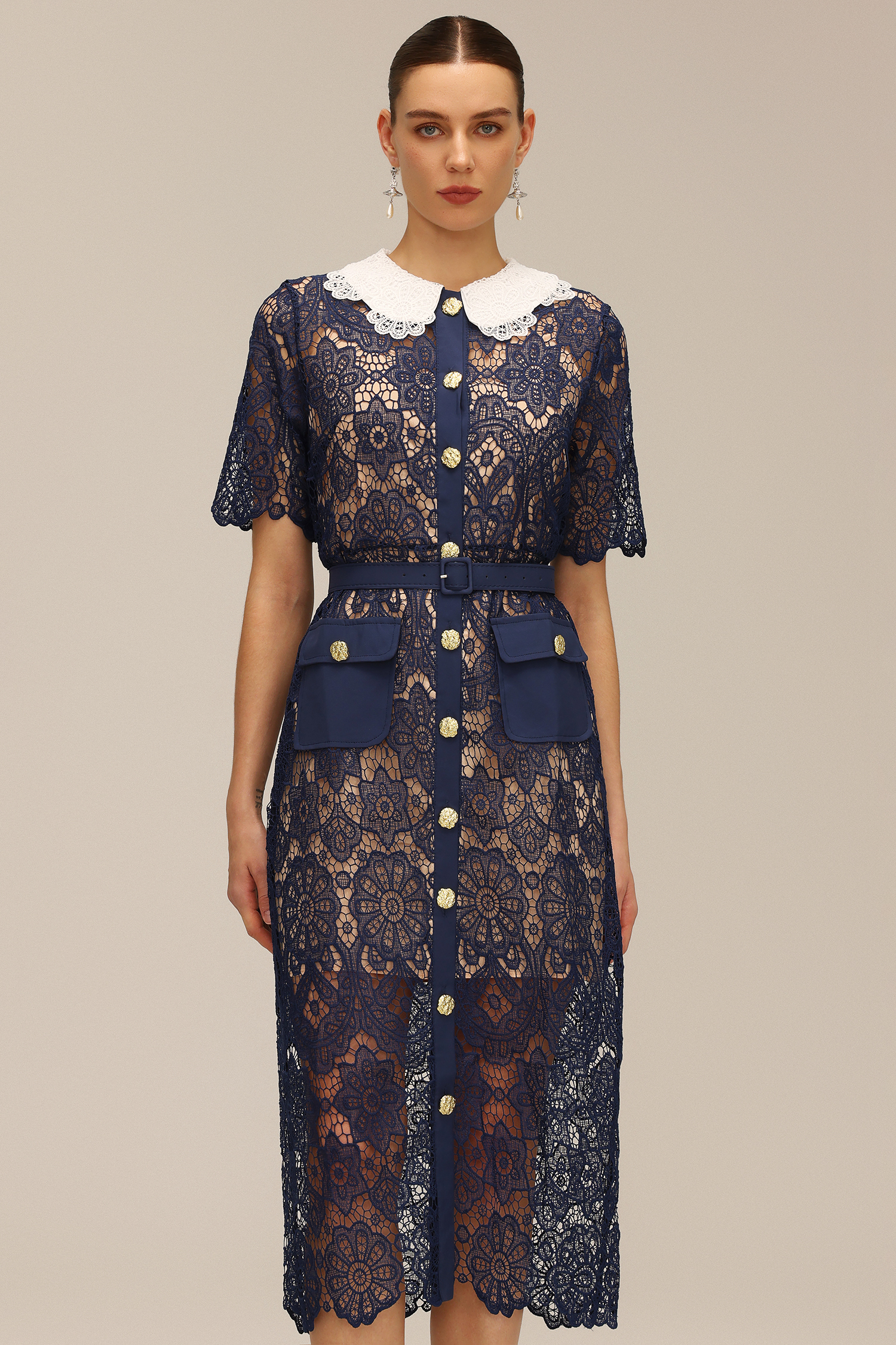 Yuria Lace Hollow Out Gold Button Midi Dress