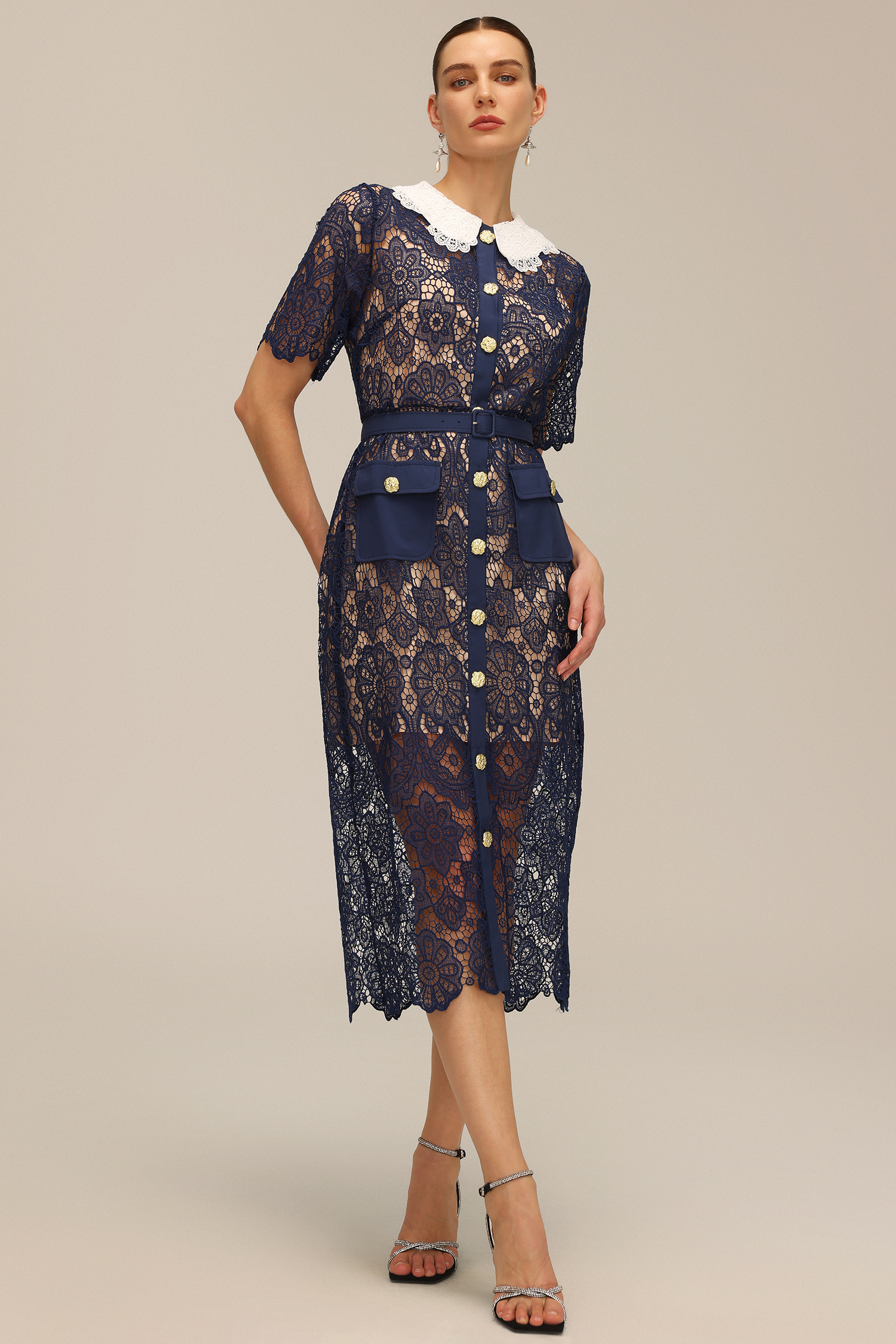 Yuria Lace Hollow Out Gold Button Midi Dress