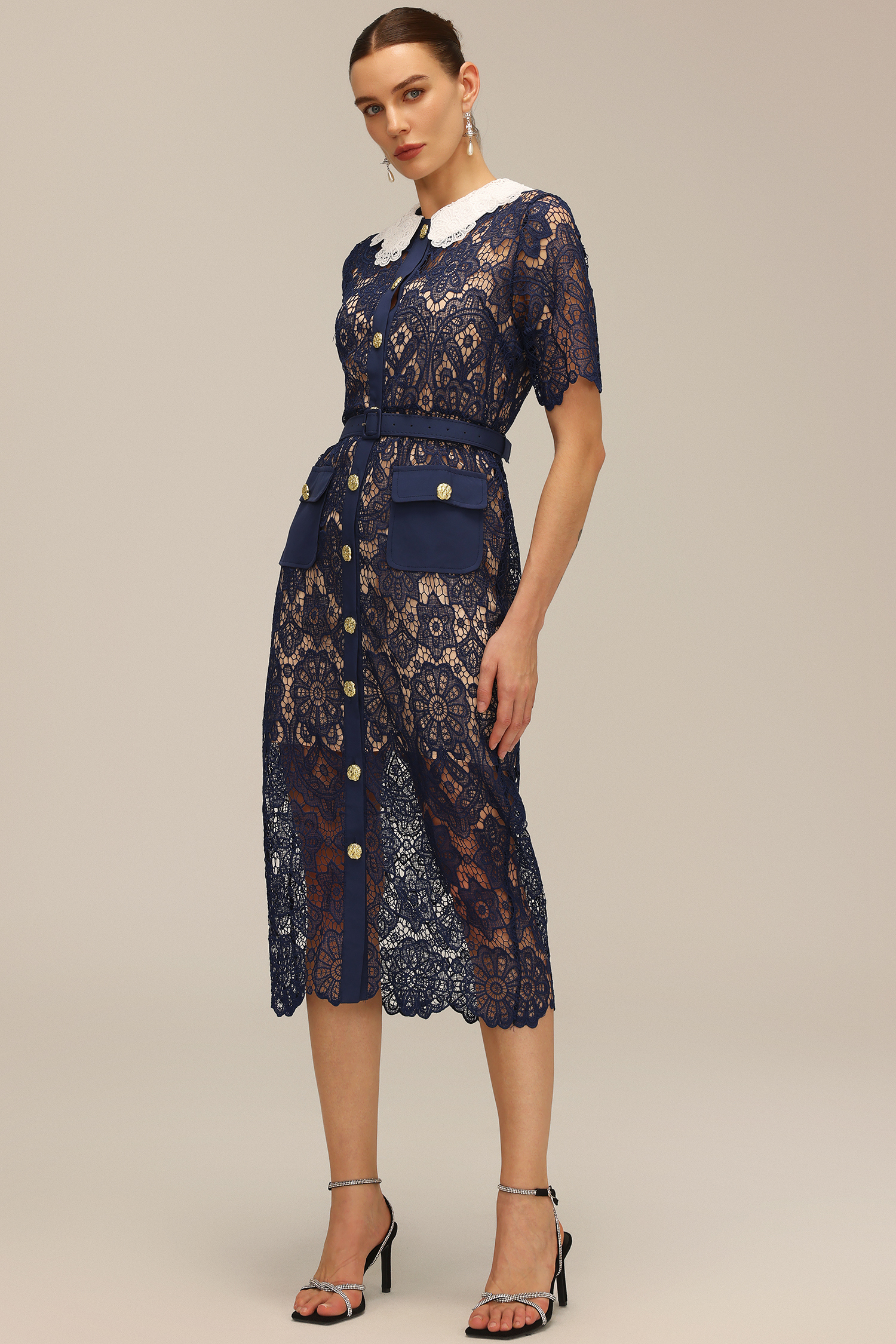 Yuria Lace Hollow Out Gold Button Midi Dress