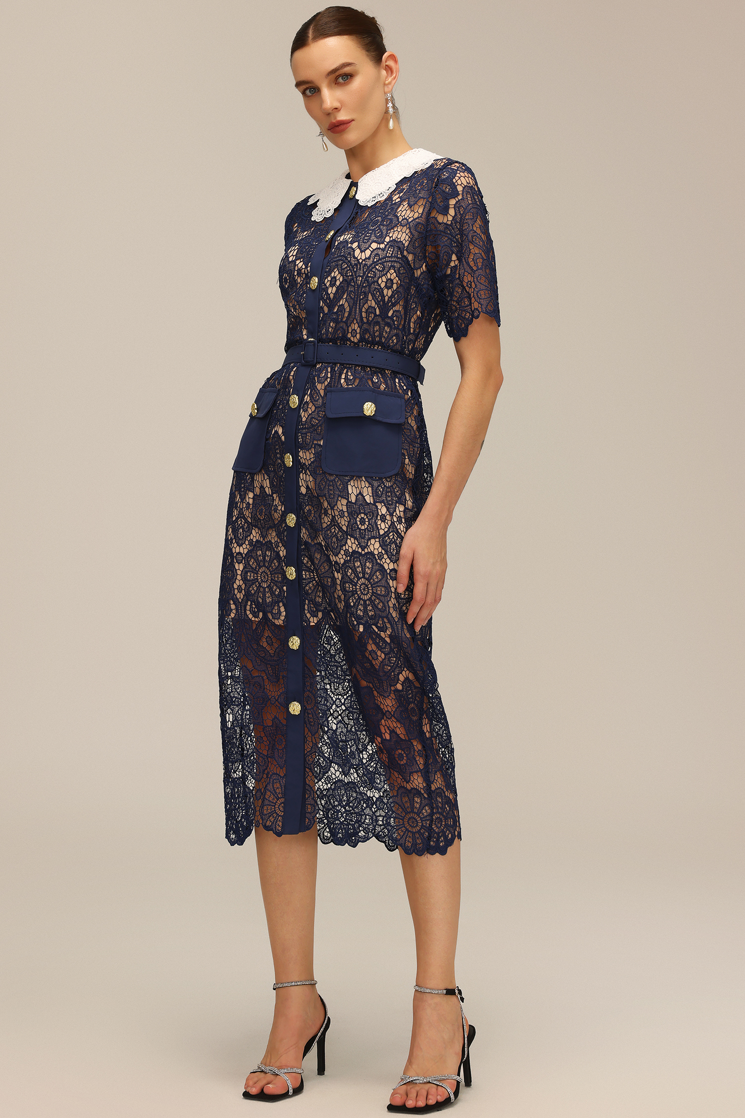 Yuria Lace Hollow Out Gold Button Midi Dress