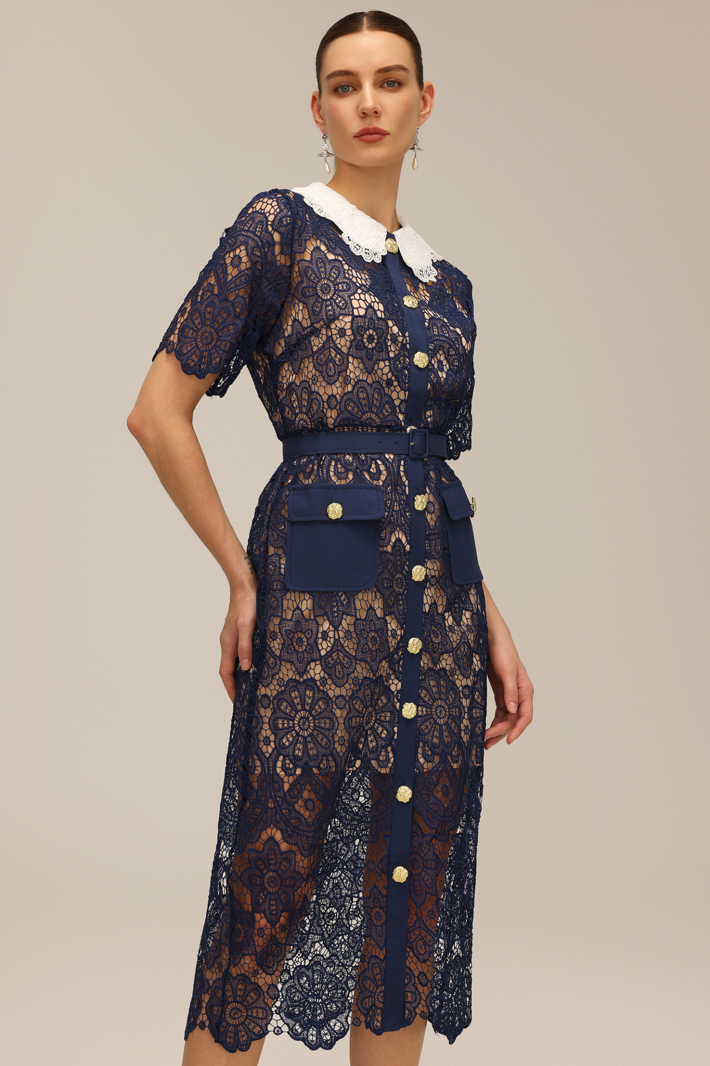 Yuria Lace Hollow Out Gold Button Midi Dress