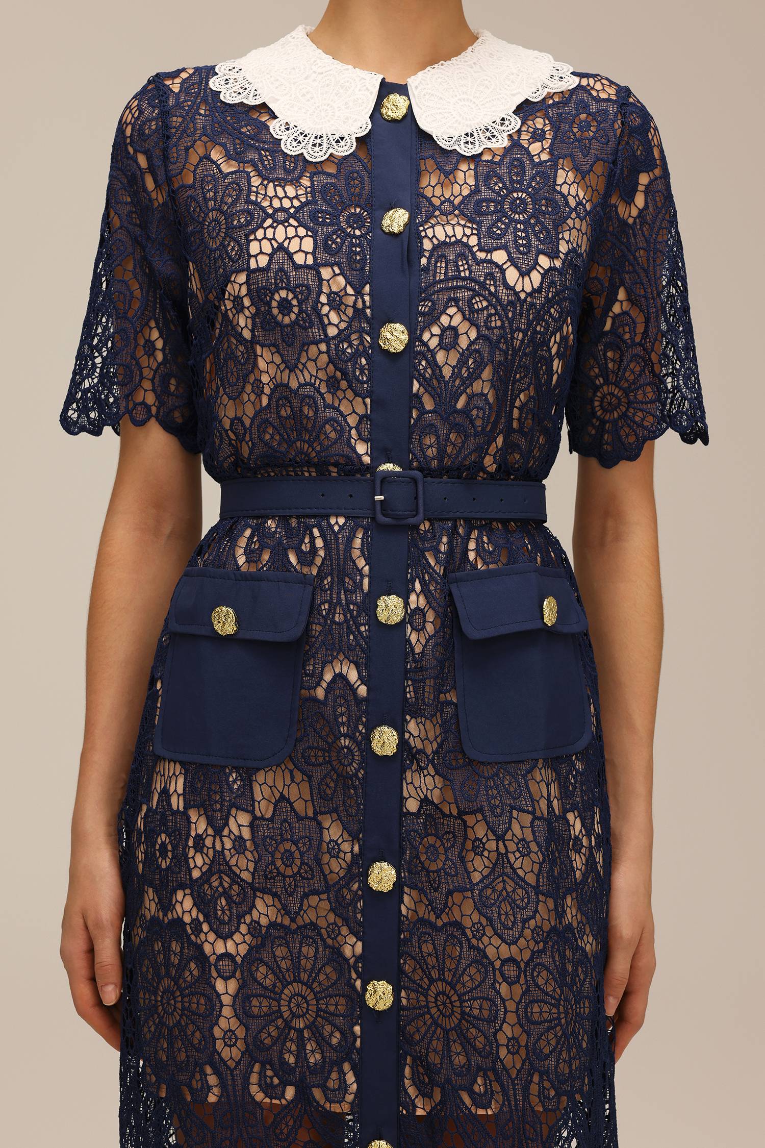 Yuria Lace Hollow Out Gold Button Midi Dress