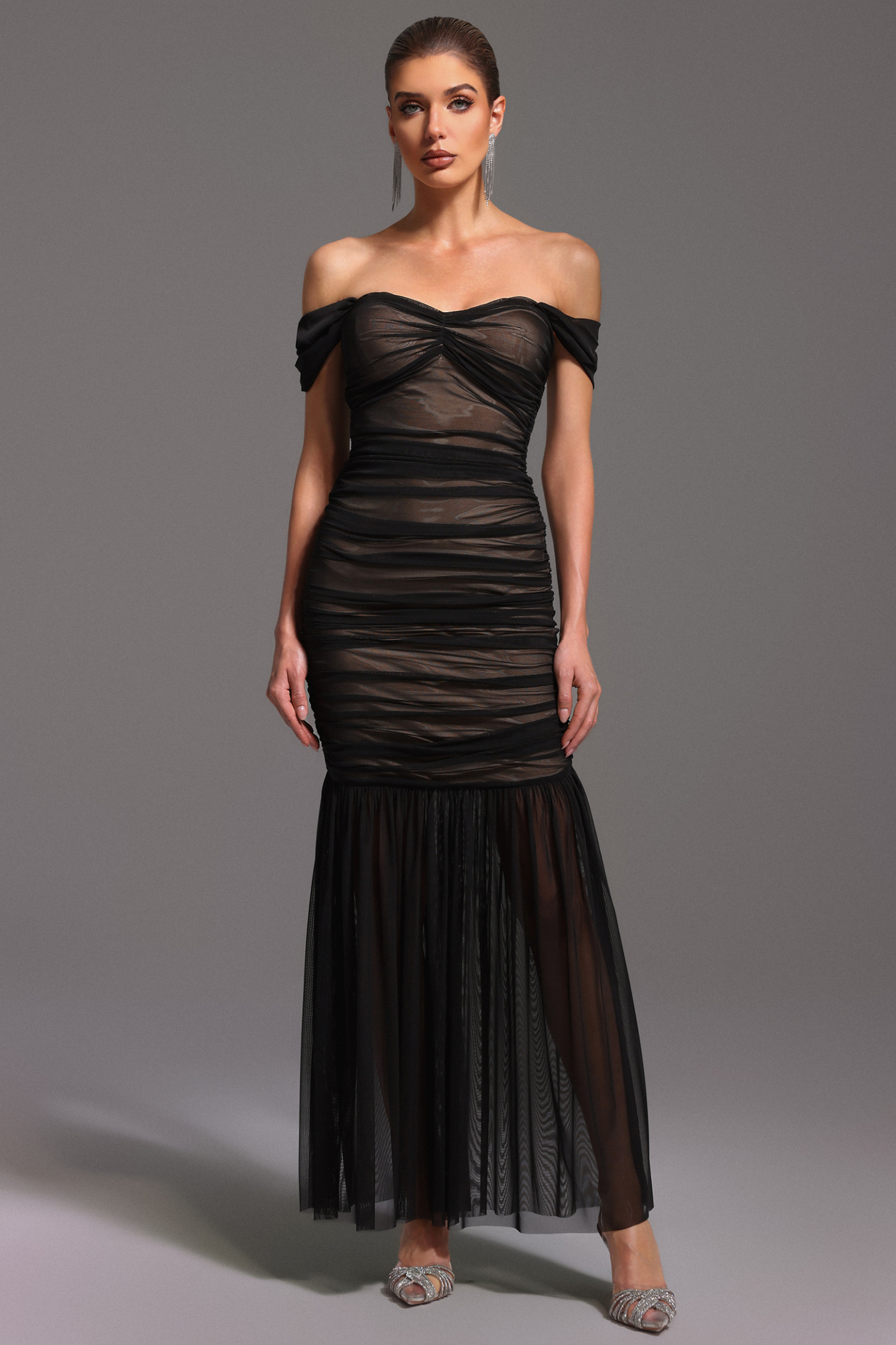 Yoland Off-The-Shoulder Netting Maxi Dress