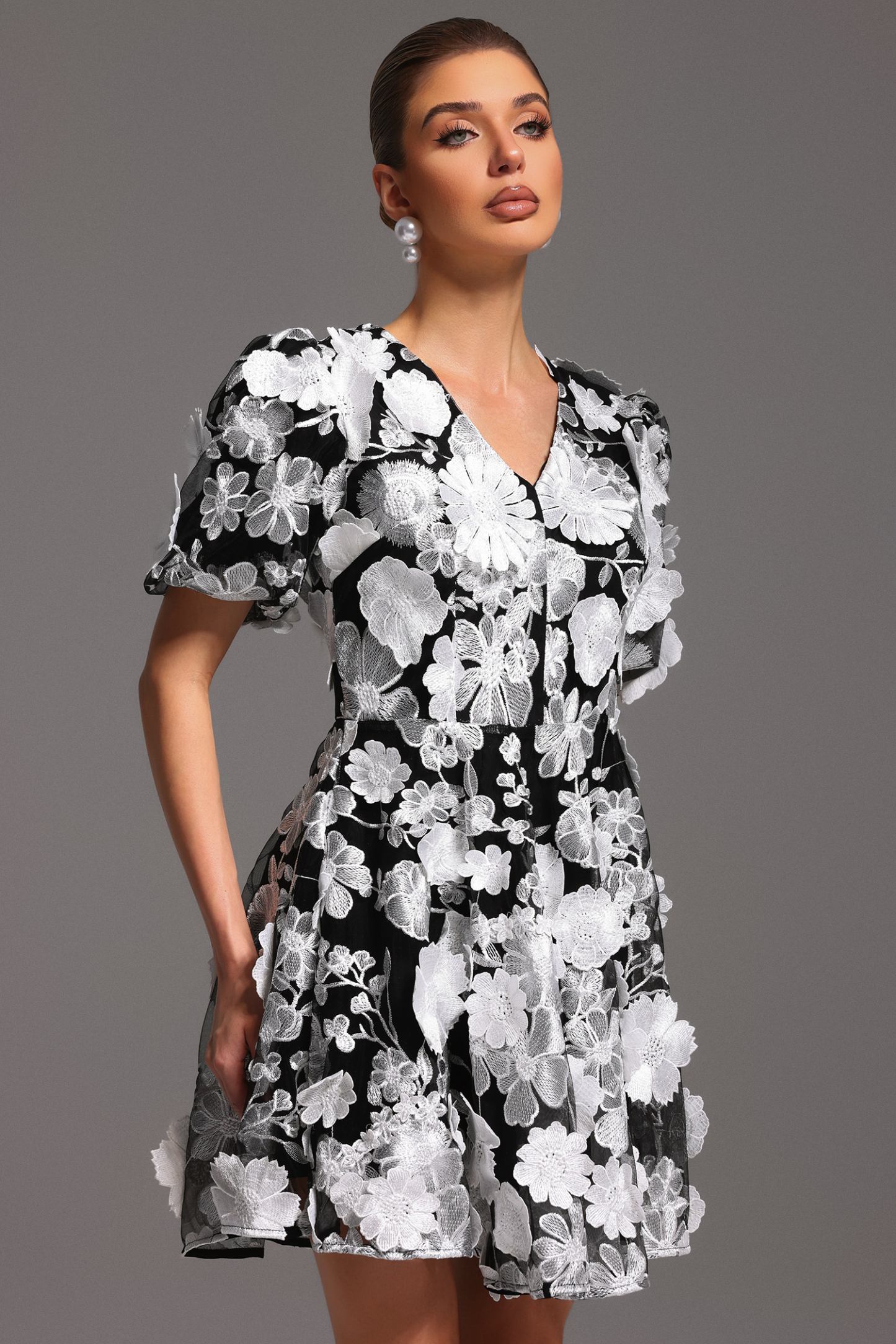 Laly Short Sleeve V-Neck Flowers Mini Dress